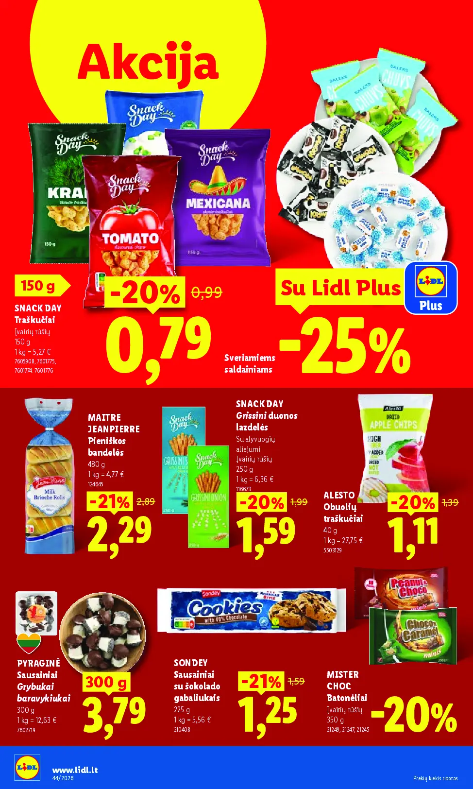 Naujas Lidl nuolaidų leidinys - MAISTO PREKIŲ PASIŪLYMAI Nr.44 – 40 puslapis: SNACK DAY Traškučiai, 150 g, Sveriamiems saldainiams, MAITRE JEANPIERRE Pieniškos bandelės, 480 g