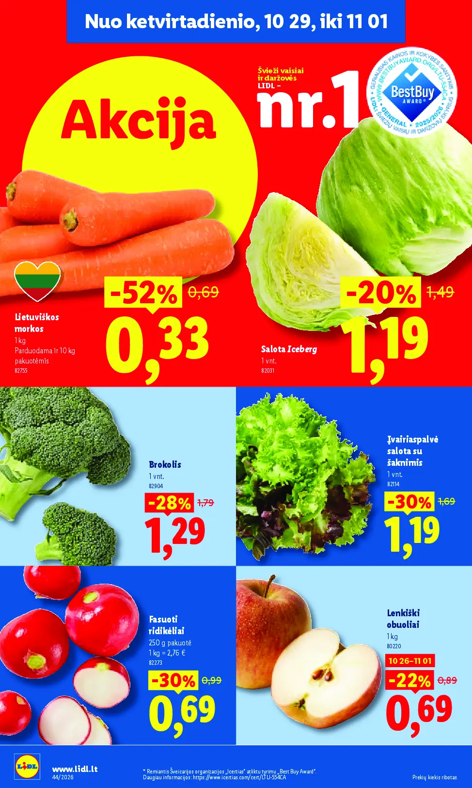 Naujas Lidl nuolaidų leidinys - MAISTO PREKIŲ PASIŪLYMAI Nr.44 – 42 puslapis: Fasuoti ridikėliai, 250 g, Salota Iceberg, 1 vnt, Lietuviškos morkos, 1 kg
