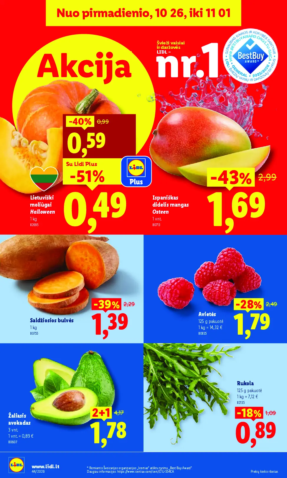 Naujas Lidl nuolaidų leidinys - MAISTO PREKIŲ PASIŪLYMAI Nr.44 – 6 puslapis: Ispaniškas didelis mangas Osteen, 1 vnt, Saldžiosios bulvės, 1 kg, Avietės, 125 g