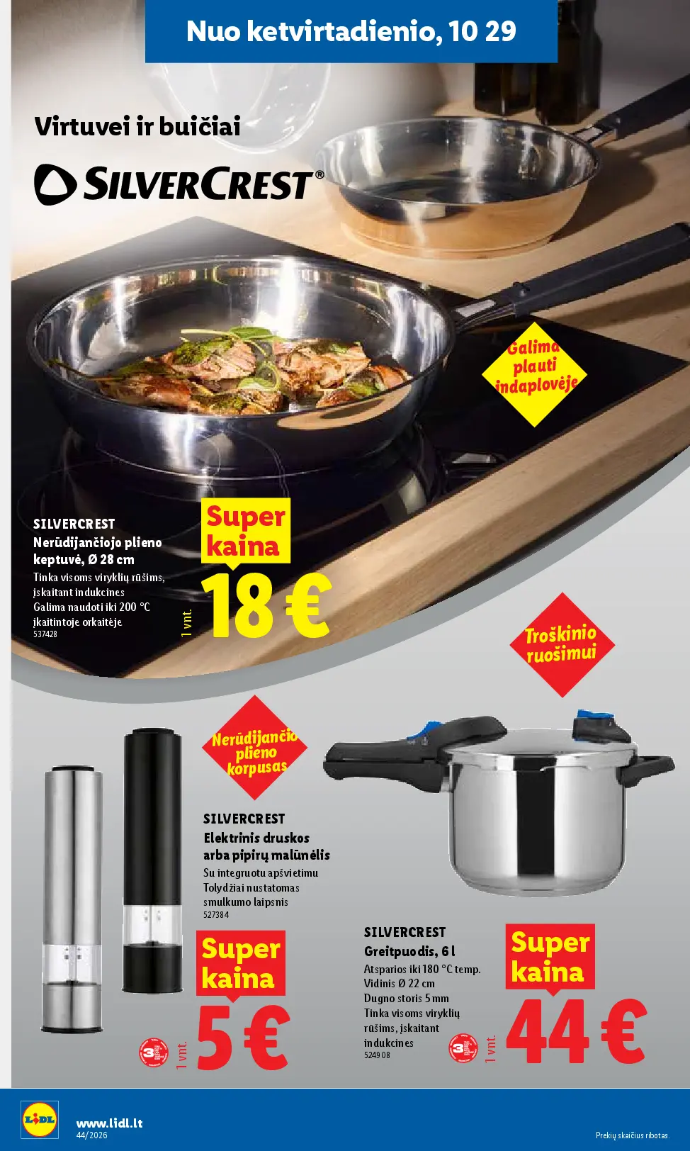 Naujas Lidl nuolaidų leidinys - NE MAISTO PREKIŲ PASIŪLYMAI Nr.44 – 10 puslapis: SILVERCREST Elektrinis druskos arba pipirų malūnėlis, 1 vnt, SILVERCREST Greitpuodis, 6 l