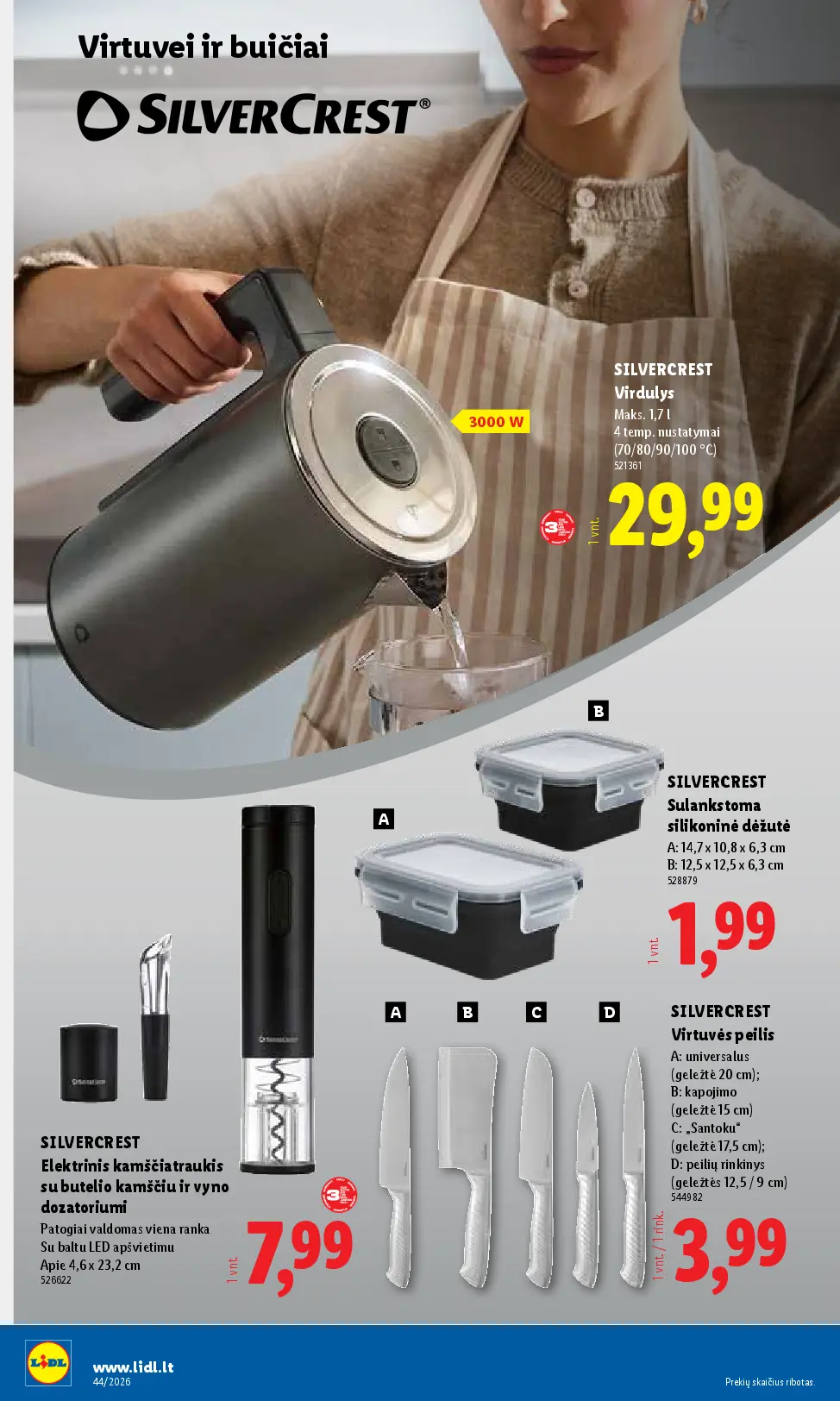 Naujas Lidl nuolaidų leidinys - NE MAISTO PREKIŲ PASIŪLYMAI Nr.44 – 12 puslapis: SILVERCREST Virdulys, 1.7 l, SILVERCREST Elektrinis kamščiatraukis su butelio kamščiu ir vyno dozatoriumi, 4.6 x 23.2 cm, SILVERCREST Sulankstoma silikoninė dėžutė