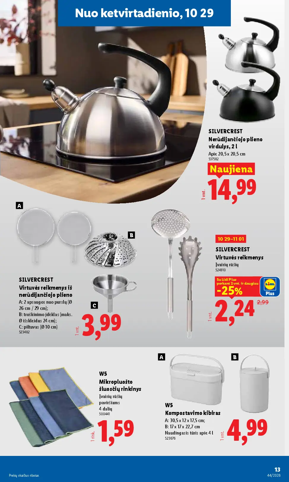 Naujas Lidl nuolaidų leidinys - NE MAISTO PREKIŲ PASIŪLYMAI Nr.44 – 13 puslapis: SILVERCREST Nerūdijančiojo plieno virdulys, 2 l, SILVERCREST Virtuvės reikmenys iš nerūdijančiojo plieno, SILVERCREST Virtuvės reikmenys