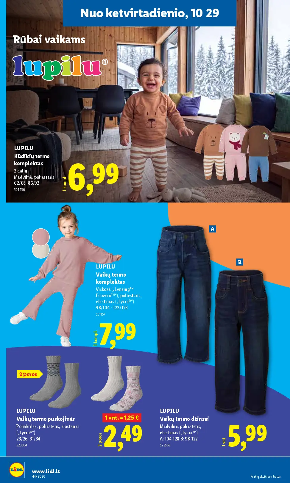 Naujas Lidl nuolaidų leidinys - NE MAISTO PREKIŲ PASIŪLYMAI Nr.44 – 20 puslapis: LUPILU Kūdikių termo komplektas, LUPILU Vaikų termo komplektas, LUPILU Vaikų termo puskojinės