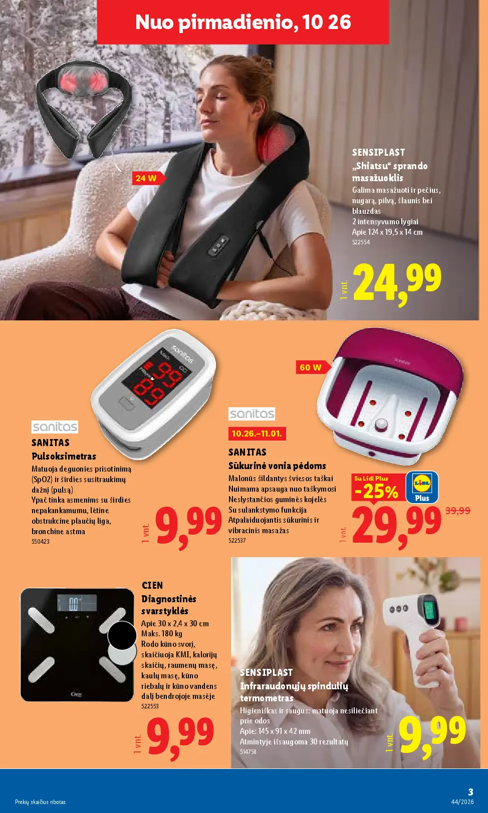 Naujas Lidl nuolaidų leidinys - NE MAISTO PREKIŲ PASIŪLYMAI Nr.44 – 3 puslapis: SENSIPLAST „Shiatsu“ sprando masažuoklis, 19.5 x 14 cm, SANITAS Pulsoksimetras, SANITAS Sūkurinė vonia pėdoms