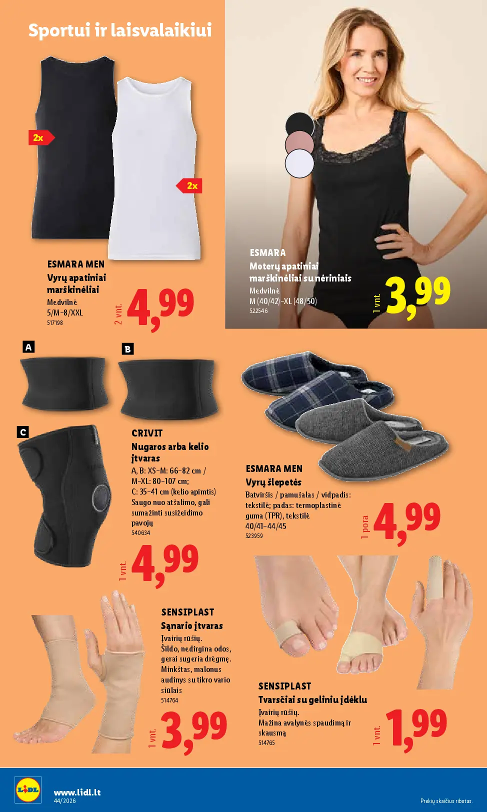 Naujas Lidl nuolaidų leidinys - NE MAISTO PREKIŲ PASIŪLYMAI Nr.44 – 4 puslapis: ESMARA MEN Vyrų apatiniai marškinėliai, 2 vnt, ESMARA Moterų apatiniai marškinėliai su nėriniais, 1 vnt, CRIVIT Nugaros arba kelio įtvaras, 1 vnt