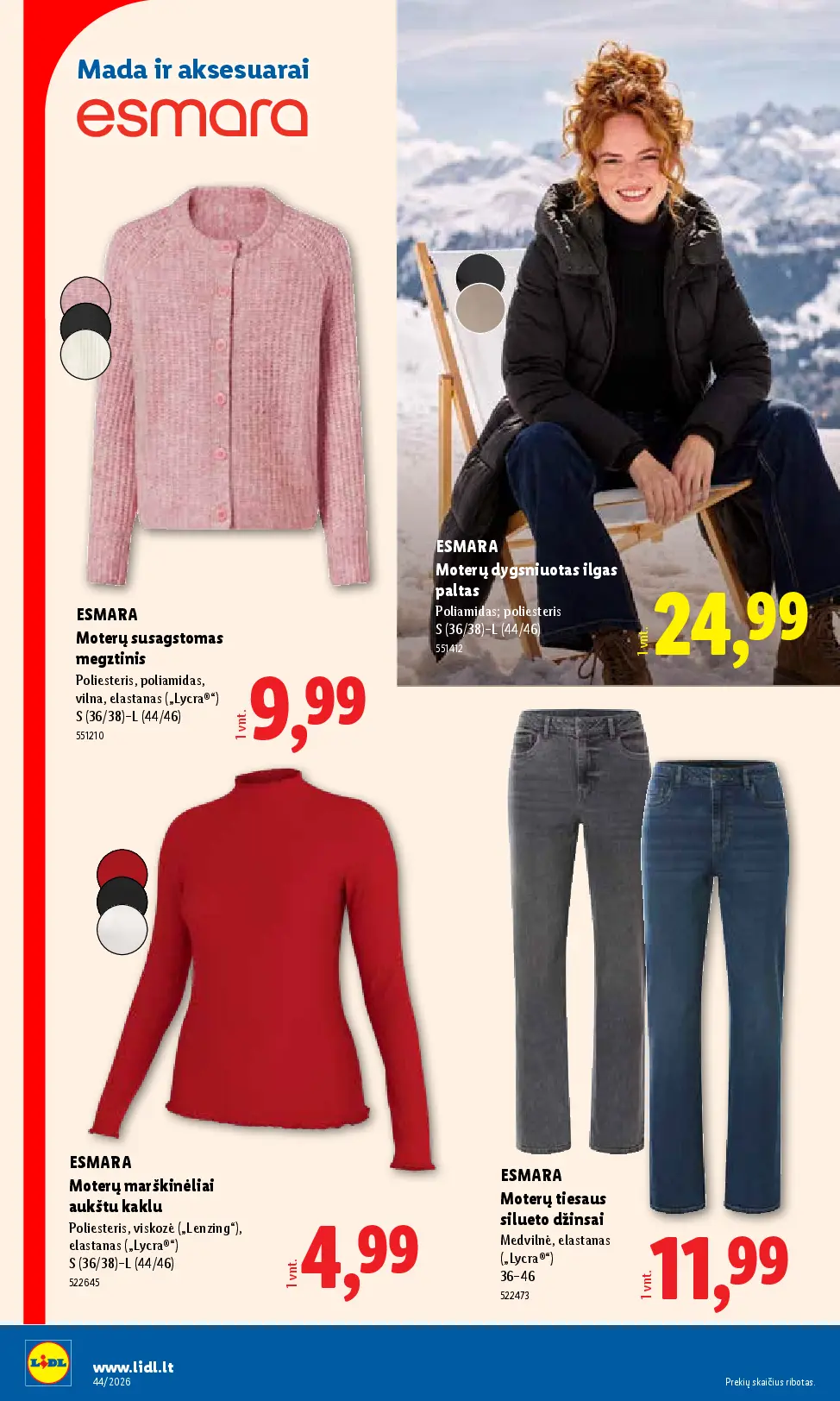 Naujas Lidl nuolaidų leidinys - NE MAISTO PREKIŲ PASIŪLYMAI Nr.44 – 6 puslapis: ESMARA Moterų susagstomas megztinis, ESMARA Moterų dygsniuotas ilgas paltas, ESMARA Moterų marškinėliai aukštu kaklu