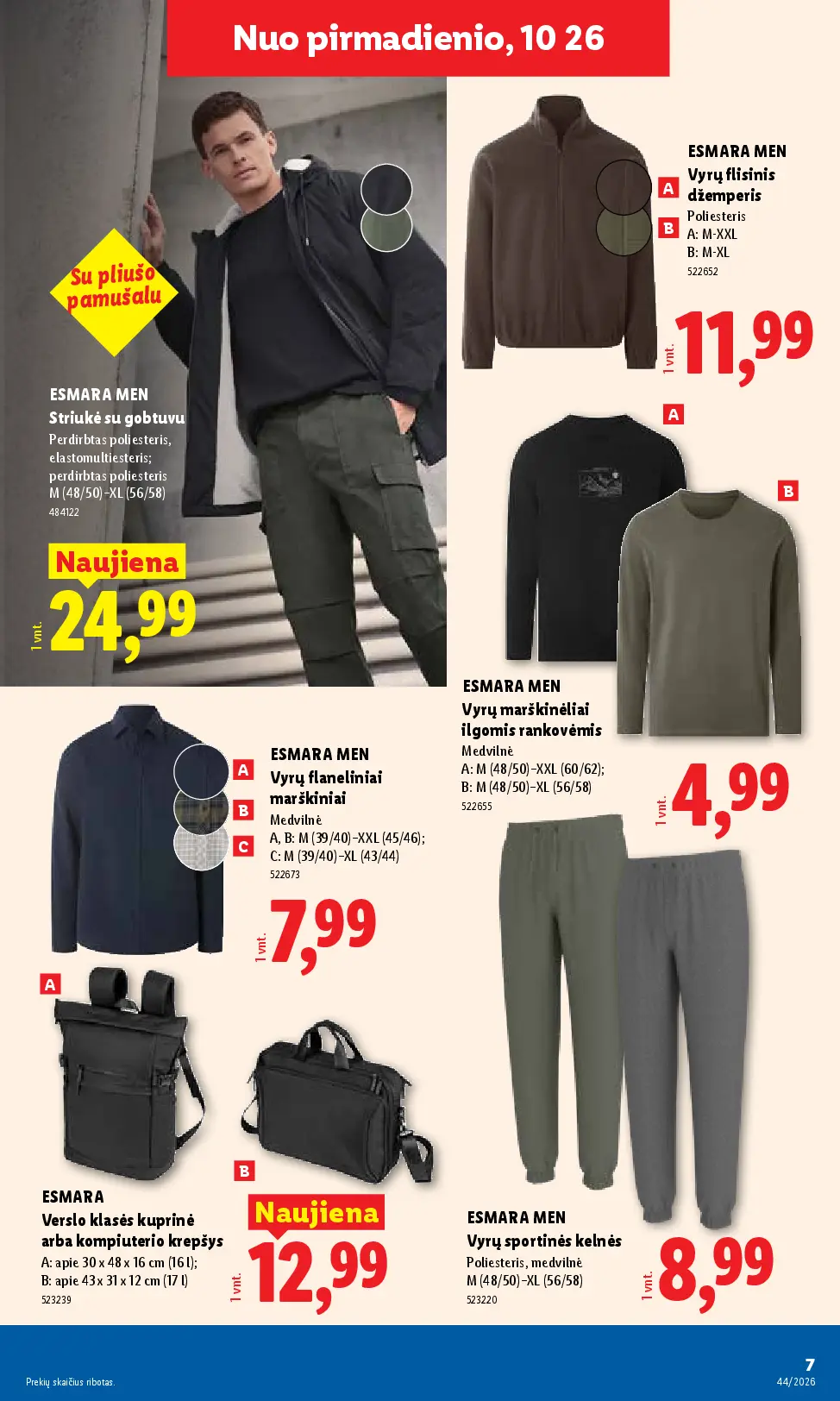 Naujas Lidl nuolaidų leidinys - NE MAISTO PREKIŲ PASIŪLYMAI Nr.44 – 7 puslapis: ESMARA MEN Striukė su gobtuvu, ESMARA MEN Vyrų flisinis džemperis, ESMARA MEN Vyrų marškinėliai ilgomis rankovėmis