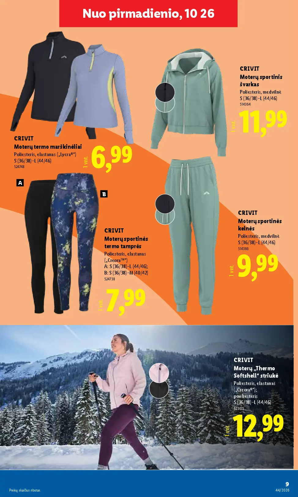 Naujas Lidl nuolaidų leidinys - NE MAISTO PREKIŲ PASIŪLYMAI Nr.44 – 9 puslapis: CRIVIT Moterų termo marškinėliai, CRIVIT Moterų sportinis švarkas, CRIVIT Moterų sportinės termo tamprės
