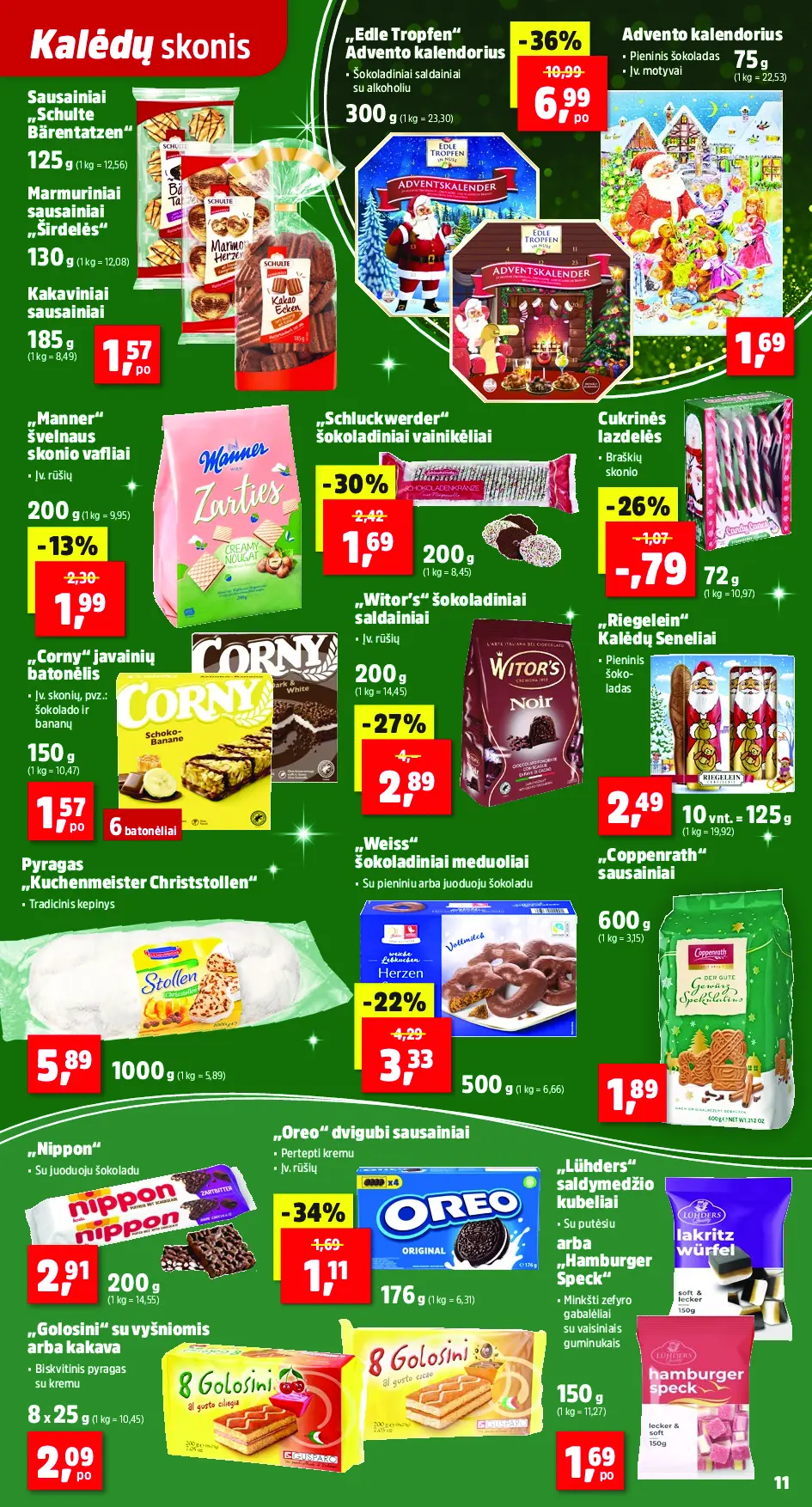 Thomas Philipps savaitės leidinys – 11 puslapis: Sausainiai „Schulte Bärentatzen“, 125 g, Marmuriniai sausainiai „Širdelės“, 130 g, Kakaviniai sausainiai, 185 g