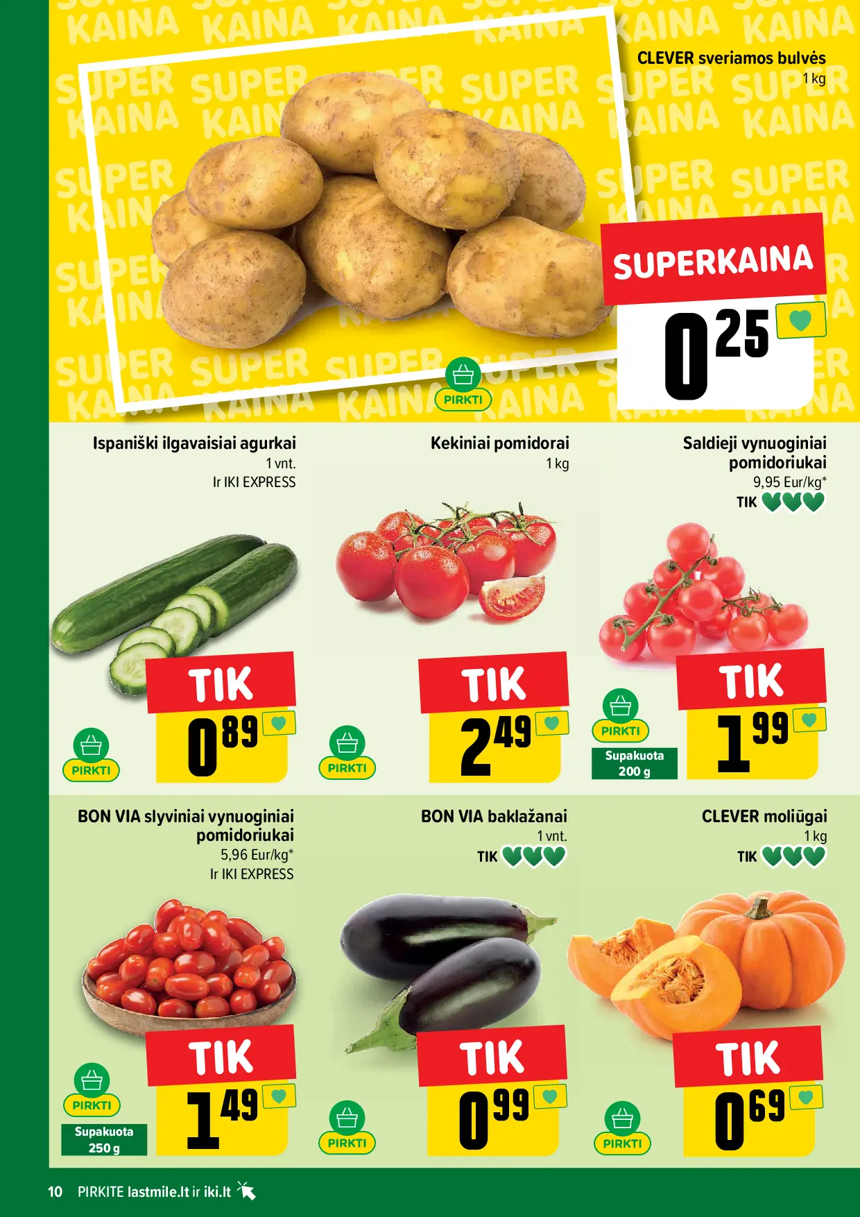 IKI Kainų leidinys Nr. 44 – 10 puslapis: Sveriamos bulvės CLEVER, 1 kg, Ilgavaisiai agurkai, 1 vnt, Kekiniai pomidorai, 1 kg