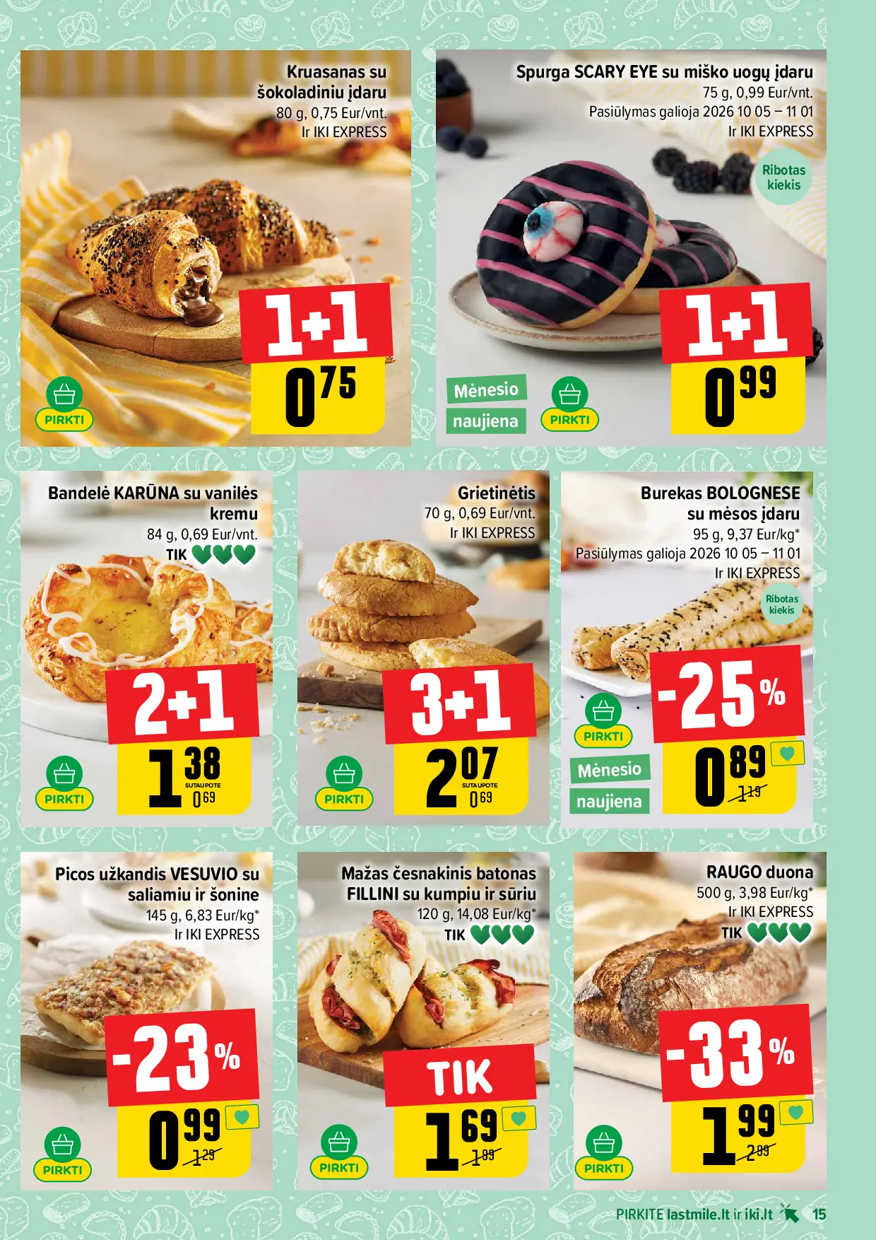 IKI Kainų leidinys Nr. 44 – 15 puslapis: BUREKAS SU MĖSOS ĮDARU BOLOGNESE, 95 g, RAUGO DUONA, 500 g