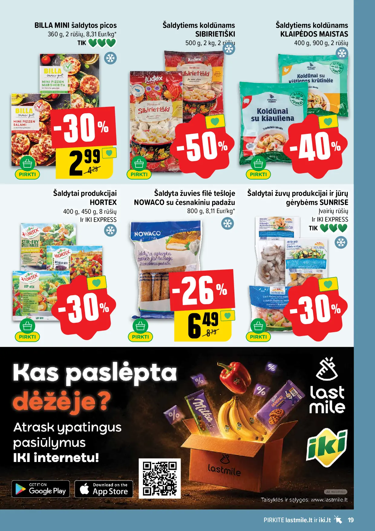 IKI Kainų leidinys Nr. 44 – 19 puslapis: Šaldytiems koldūnams SIBIRIETIŠKI, 500 g, Šaldytiems koldūnams KLAIPĖDOS MAISTAS, 400 g, Šaldytai produkcijai HORTEX, 400 g