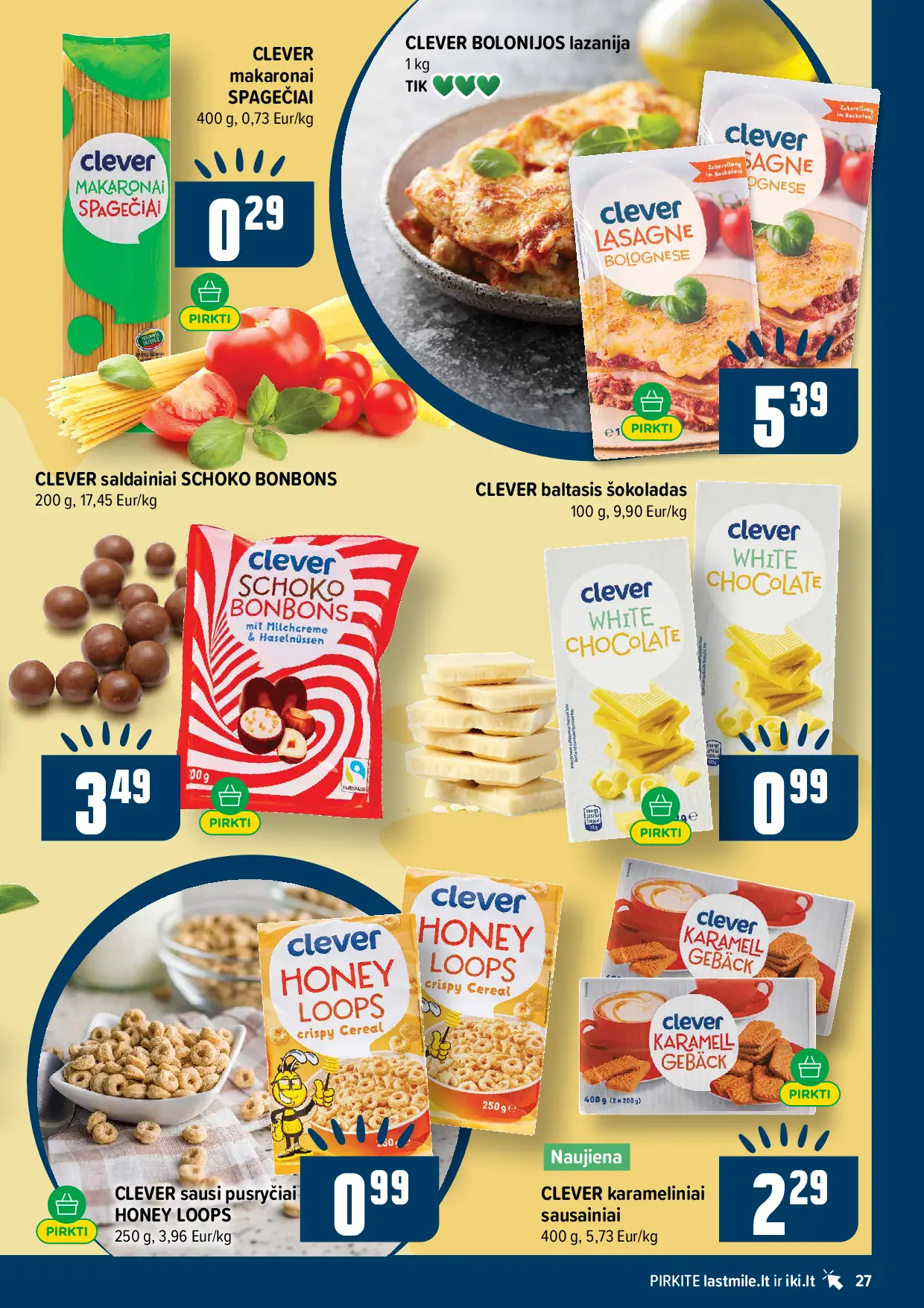 IKI Kainų leidinys Nr. 44 – 27 puslapis: CLEVER KARAMELINIAI SAUSAINIAI, 400 g, Bolonijos lazanija CLEVER, 1 kg, CLEVER makaronai SPAGEČIAI, 400 g