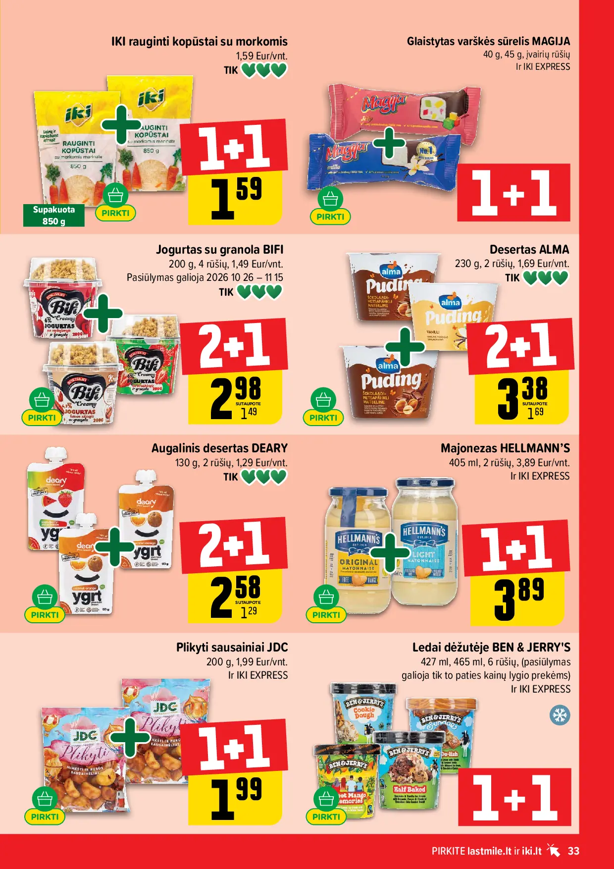 IKI Kainų leidinys Nr. 44 – 33 puslapis: Majonezas HELLMANN’S, 405 ml, Augalinis desertas DEARY, 130 g, Desertas ALMA, 230 g
