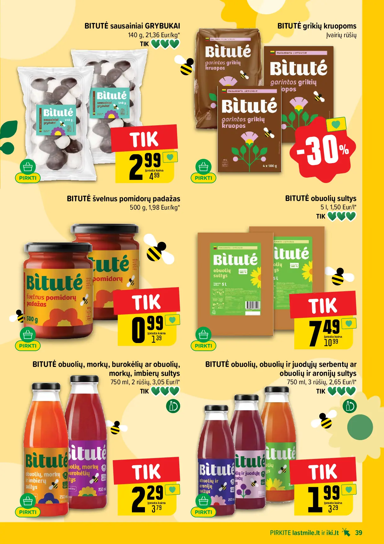 IKI Kainų leidinys Nr. 44 – 39 puslapis: BITUTĖ grikių kruopoms, BITUTĖ obuolių sultys, 5 l, BITUTĖ obuolių, morkų, burokėlių ar obuolių, morkų, imbierų sultys, 750 ml