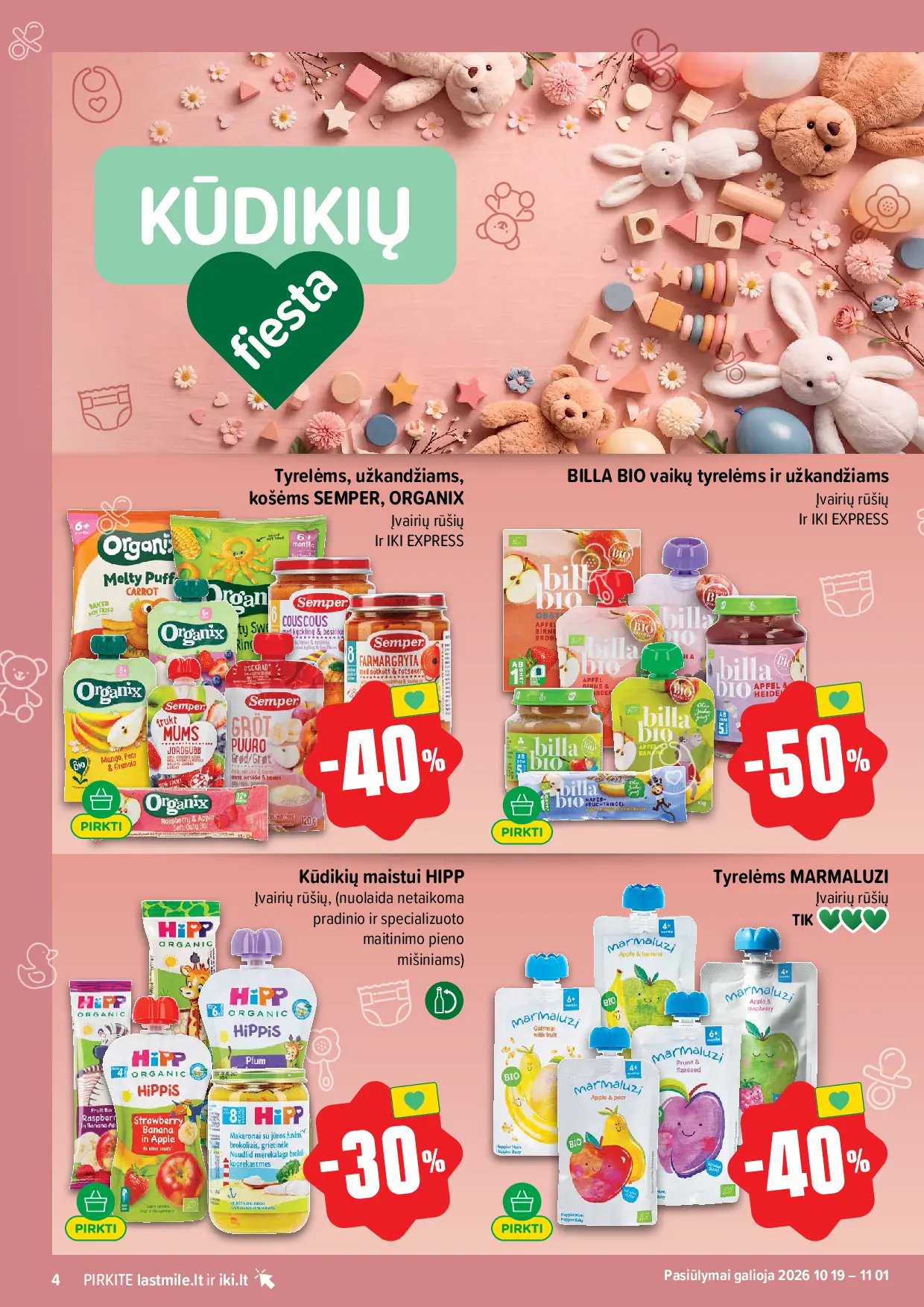 IKI Kainų leidinys Nr. 44 – 4 puslapis: Tyrelėms, užkandžiams, košėms SEMPER, ORGANIX, BILLA BIO vaikų tyrelėms ir užkandžiams, Kūdikių maistui HIPP