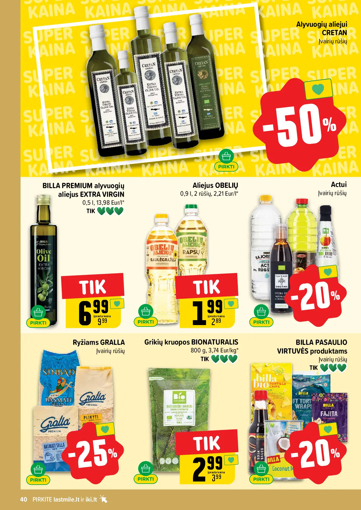 IKI Kainų leidinys Nr. 44 – 40 puslapis: Alyvuogių aliejui CRETAN, Extra Virgin alyvuogių aliejus BILLA PREMIUM, 500 ml, OBELIŲ aliejus, 900 ml