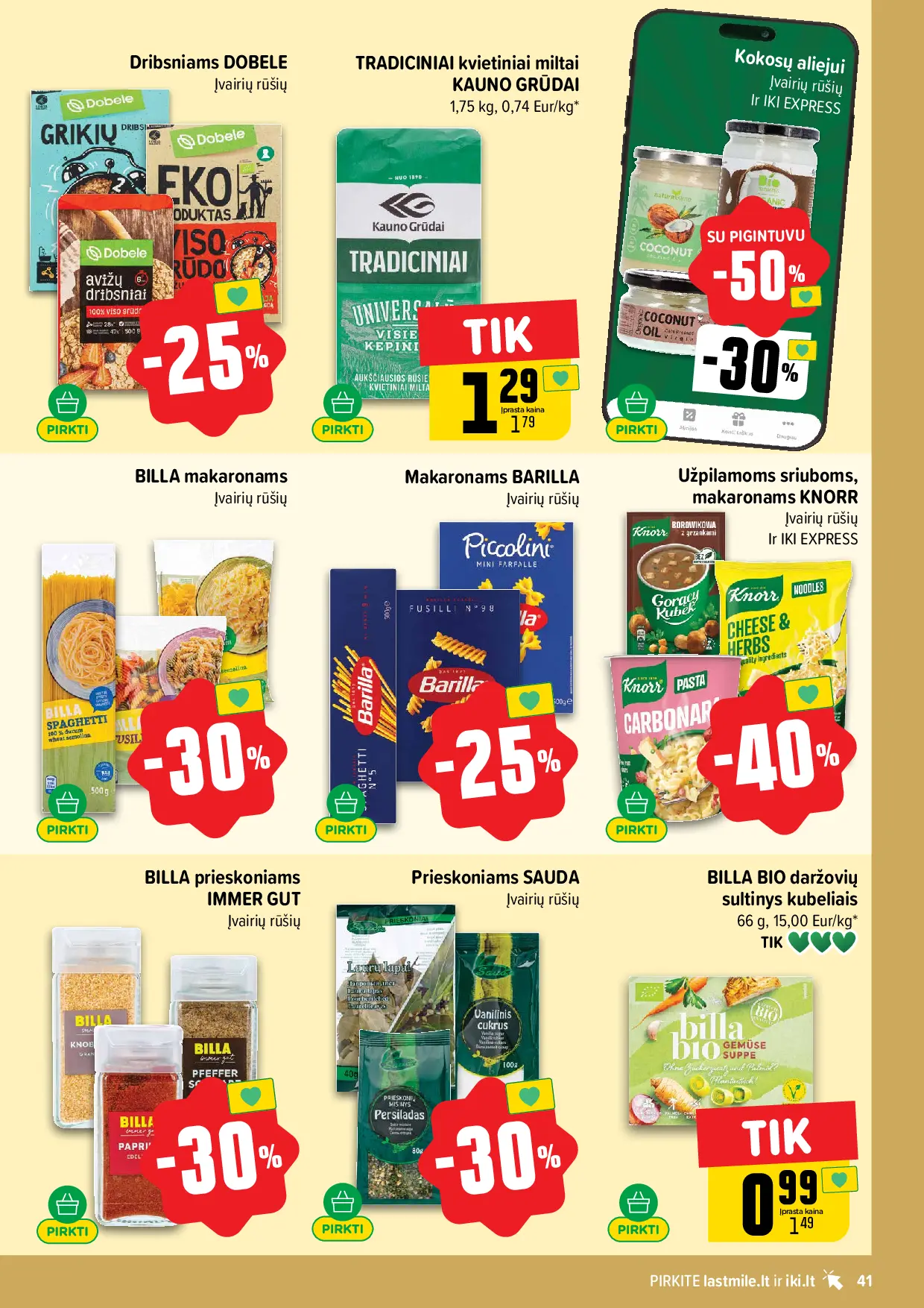 IKI Kainų leidinys Nr. 44 – 41 puslapis: Dribsniams DOBELE, BILLA makaronams, Makaronams BARILLA