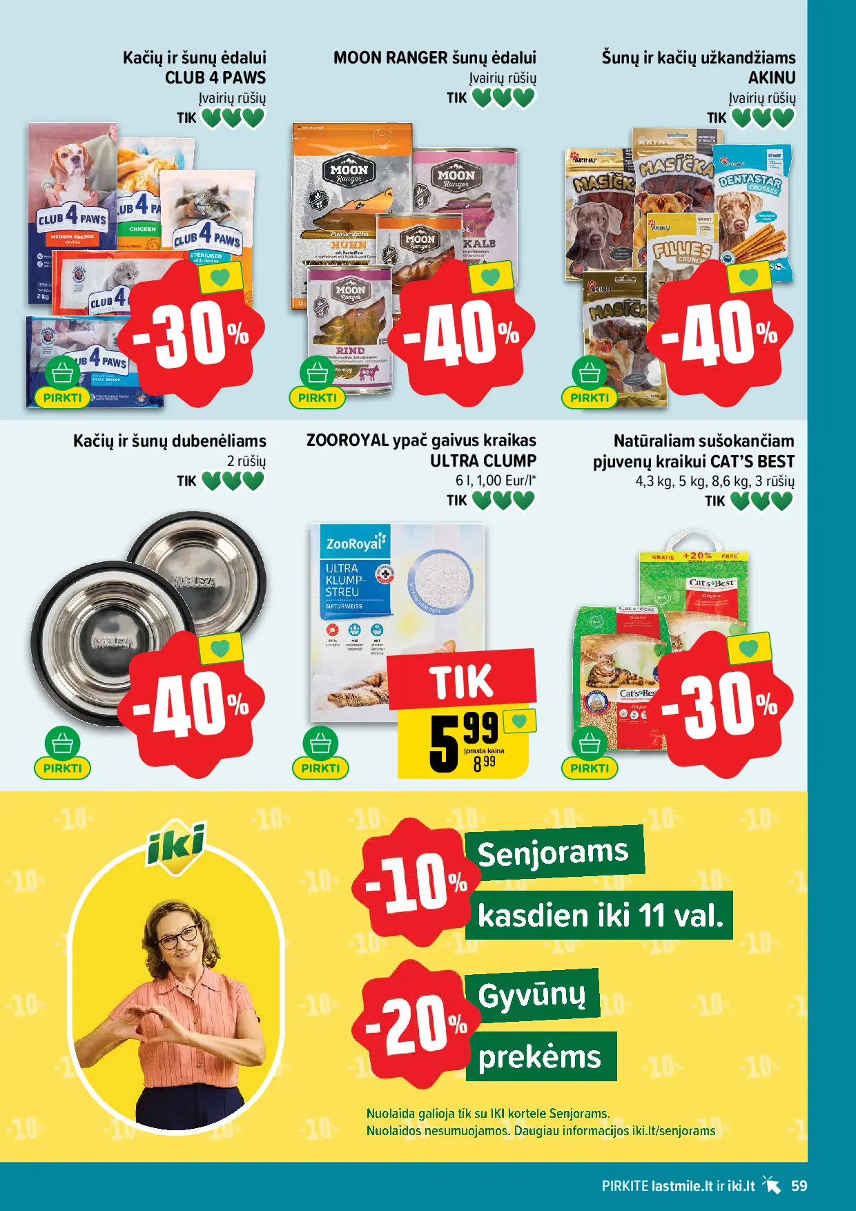 IKI Kainų leidinys Nr. 44 – 59 puslapis: Kačių ir šunų ėdalui CLUB 4 PAWS, MOON RANGER šunų ėdalui, Šunų ir kačių užkandžiams AKINU