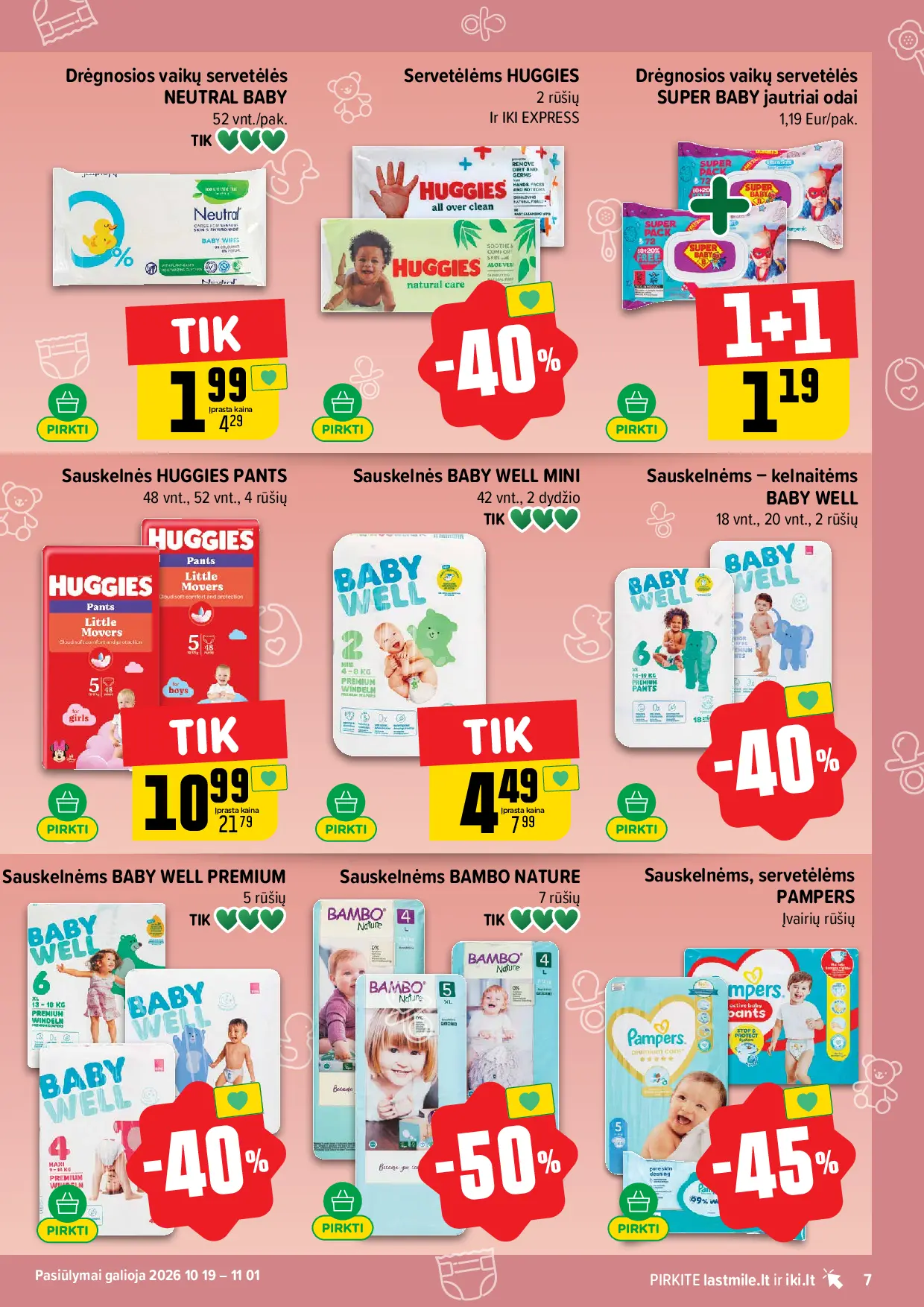 IKI Kainų leidinys Nr. 44 – 7 puslapis: Drėgnosios vaikų servetėlės NEUTRAL BABY, 52 vnt, Servetėlėms HUGGIES, Sauskelnėms HUGGIES PANTS, 48 vnt