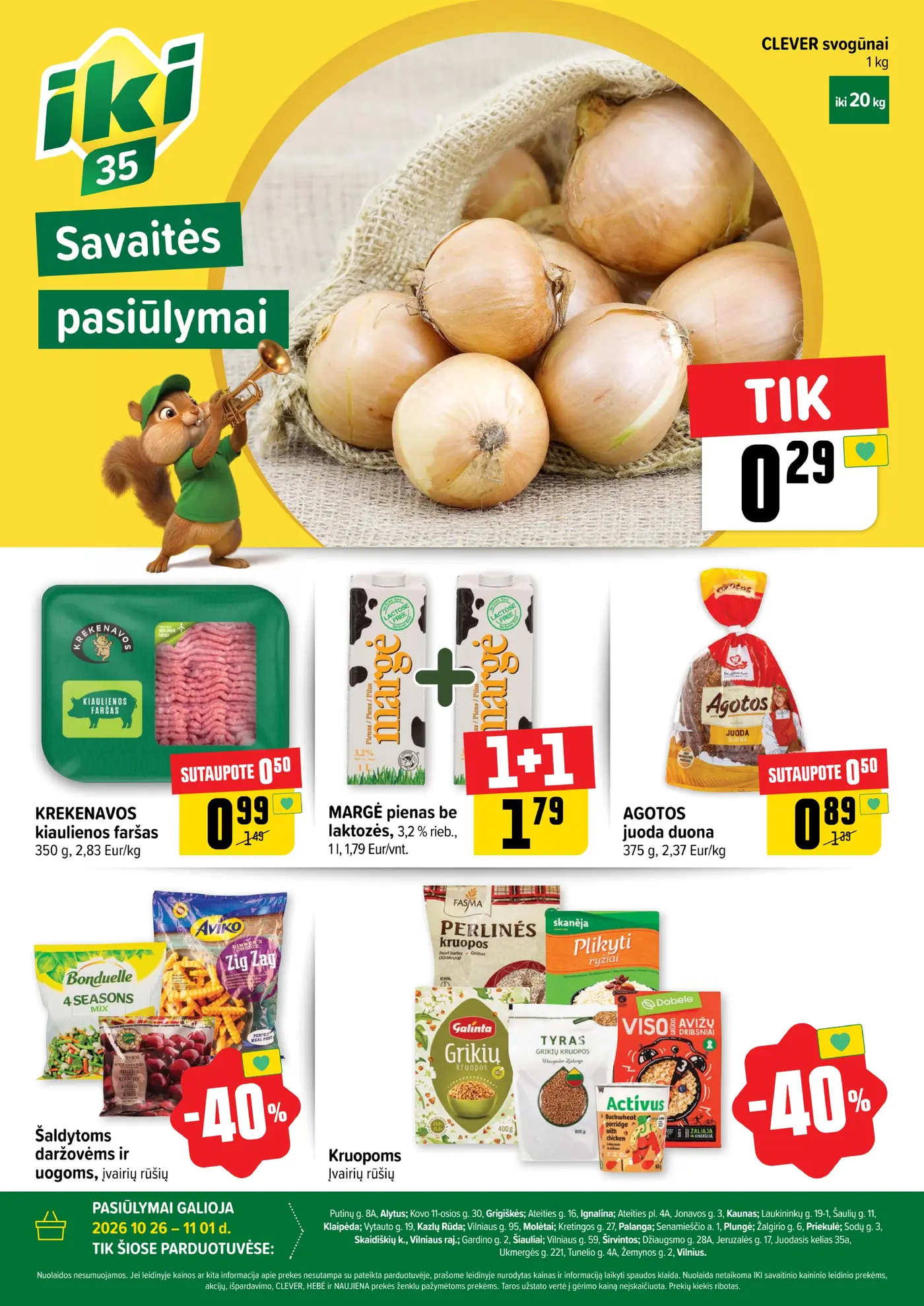 Specialūs pasiūlymai IKI parduotuvės klientams (197) – 1 puslapis: KREKENAVOS kiaulienos faršas, 350 g, AGOTOS juoda duona, 375 g