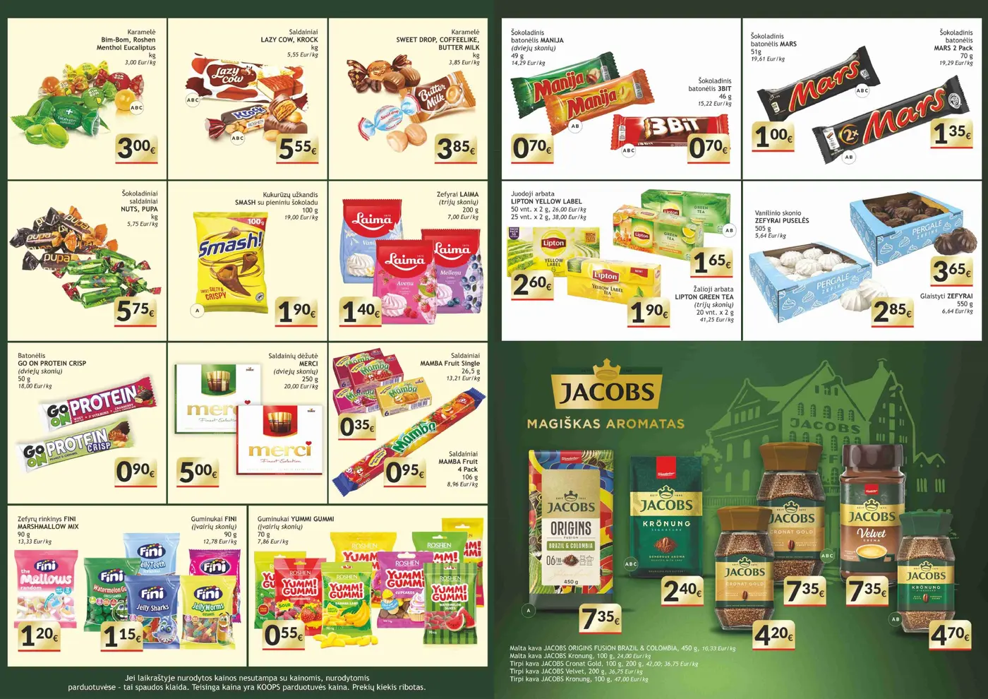 Koops naudingų pasiūlymų leidinys – 4 puslapis: Karamelė Bim-Bom, Roshen Menthol Eucalyptus, Saldainiai LAZY COW, KROCK, Karamelė Sweet Drop, Coffeelike, Butter Milk