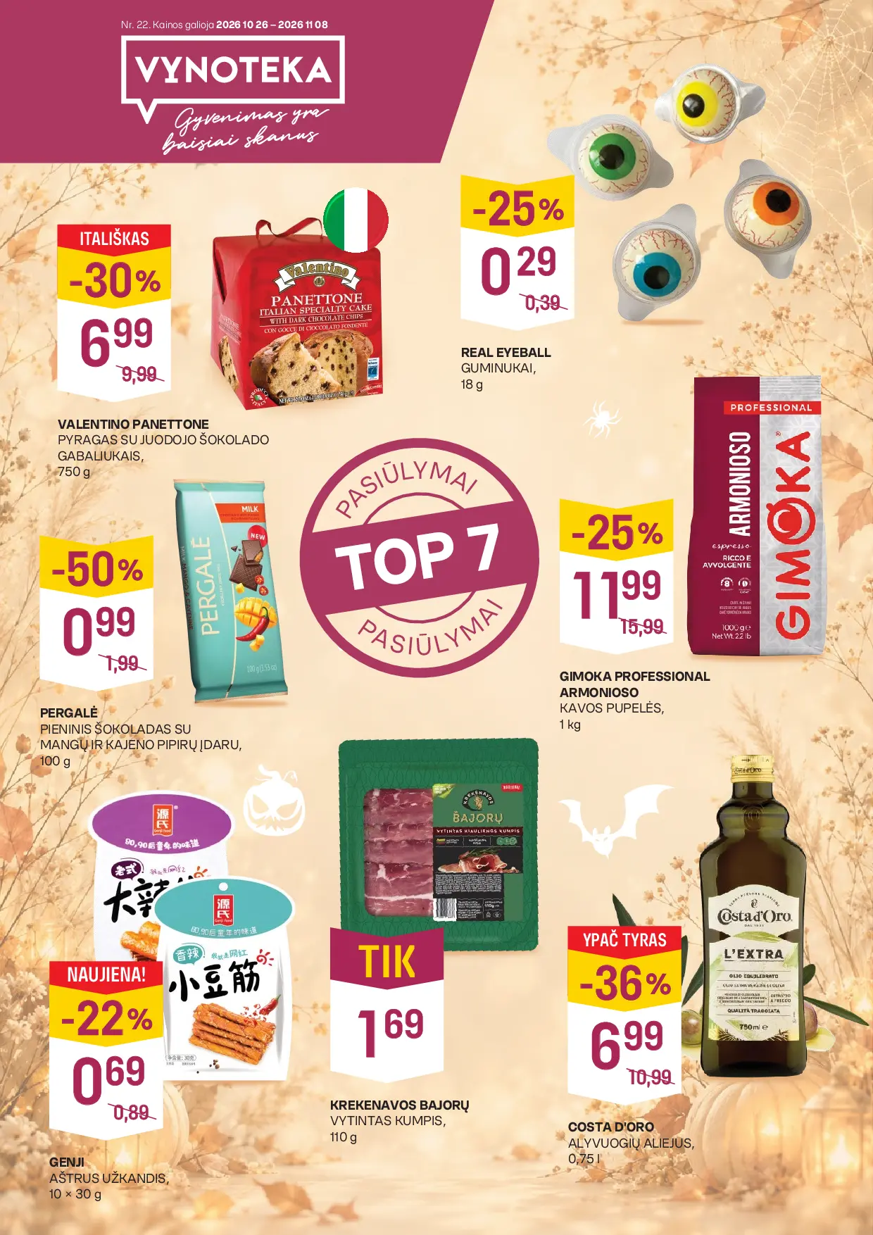 Vynoteka kainų leidinys Nr. 22 – 1 puslapis: VALENTINO PANETTONE, 750 g, REAL EYEBALL, 18 g, PERGALĖ, 100 g