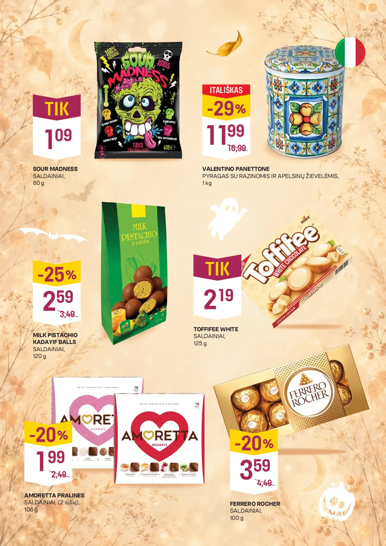 Vynoteka kainų leidinys Nr. 22 – 2 puslapis: Saldainiai SOUR MADNESS, 60 g, VALENTINO PANETTONE PYRAGAS SU RAZINOMIS IR APELSINŲ ŽIEVELĖMIS, 1 kg, MILK PISTACHIO KADAYIF BALLS SALDAINIAI, 120 g