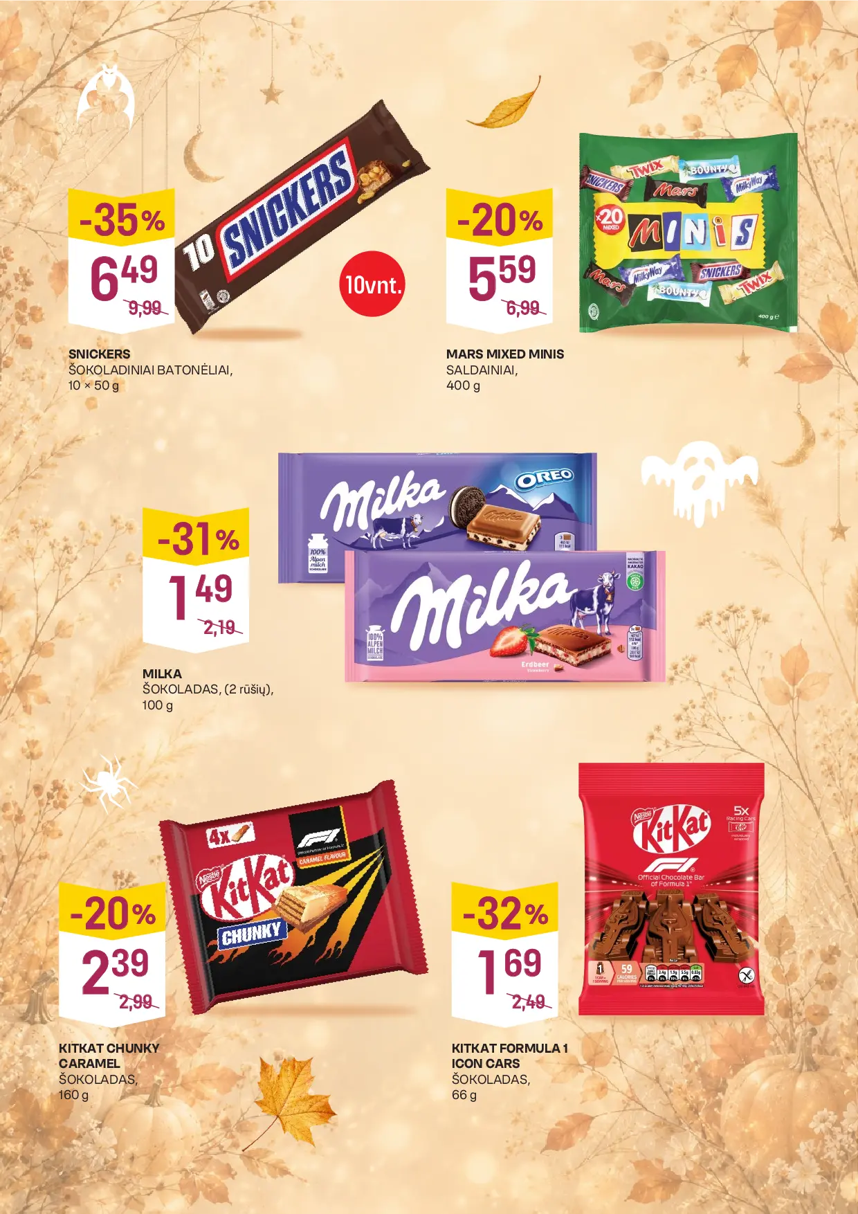 Vynoteka kainų leidinys Nr. 22 – 3 puslapis: Šokoladiniai batonėliai SNICKERS, 10 x 50 g, MARS MIXED MINIS SALDAINIAI, 400 g, Šokoladas MILKA, 100 g