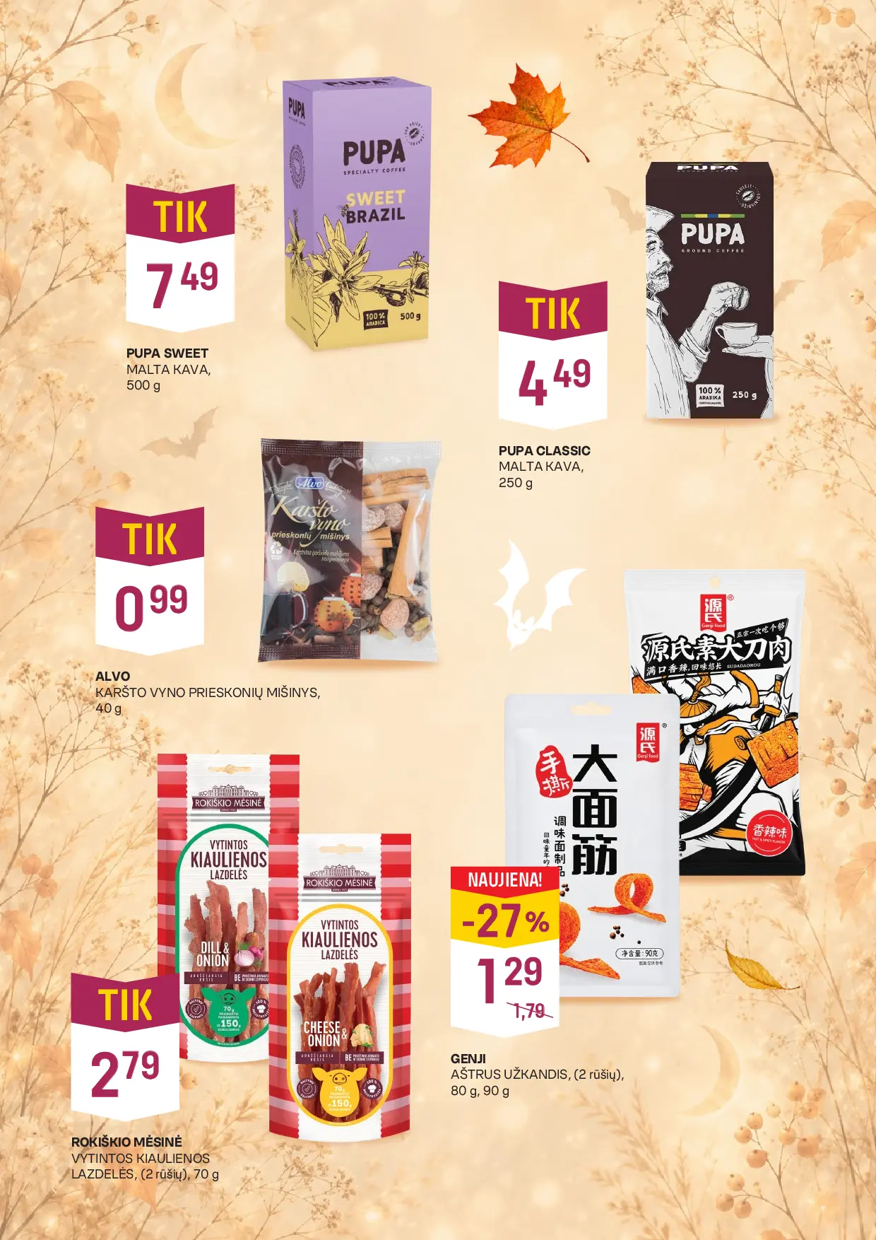Vynoteka kainų leidinys Nr. 22 – 5 puslapis: PUPA SWEET MALTA KAVA, 500 g, PUPA CLASSIC MALTA KAVA, 250 g, ALVO KARŠTO VYNO PRIESKONIŲ MIŠINYS, 40 g