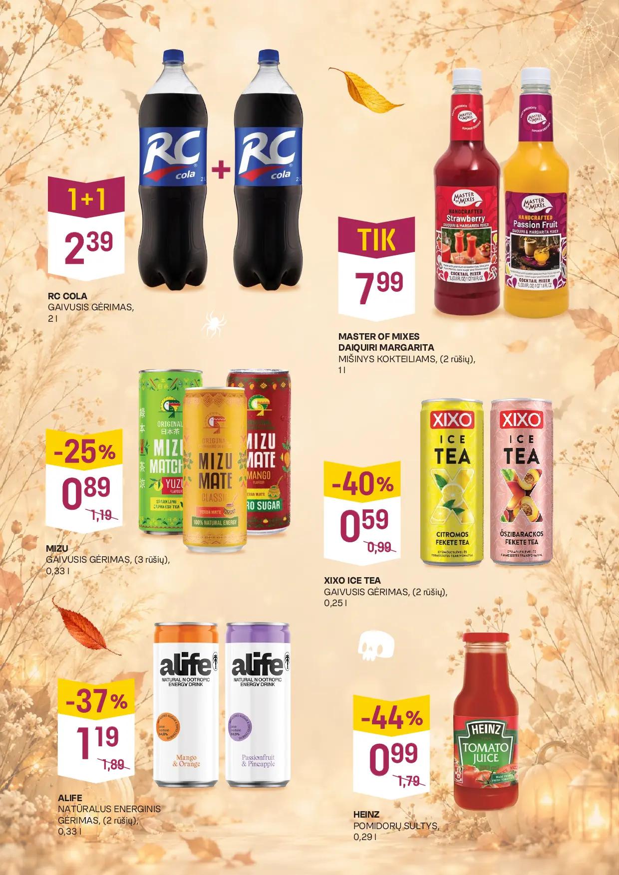 Vynoteka kainų leidinys Nr. 22 – 7 puslapis: RC COLA, 2 l, MASTER OF MIXES DAIQUIRI MARGARITA, 1 l, MIZU, 0.33 l