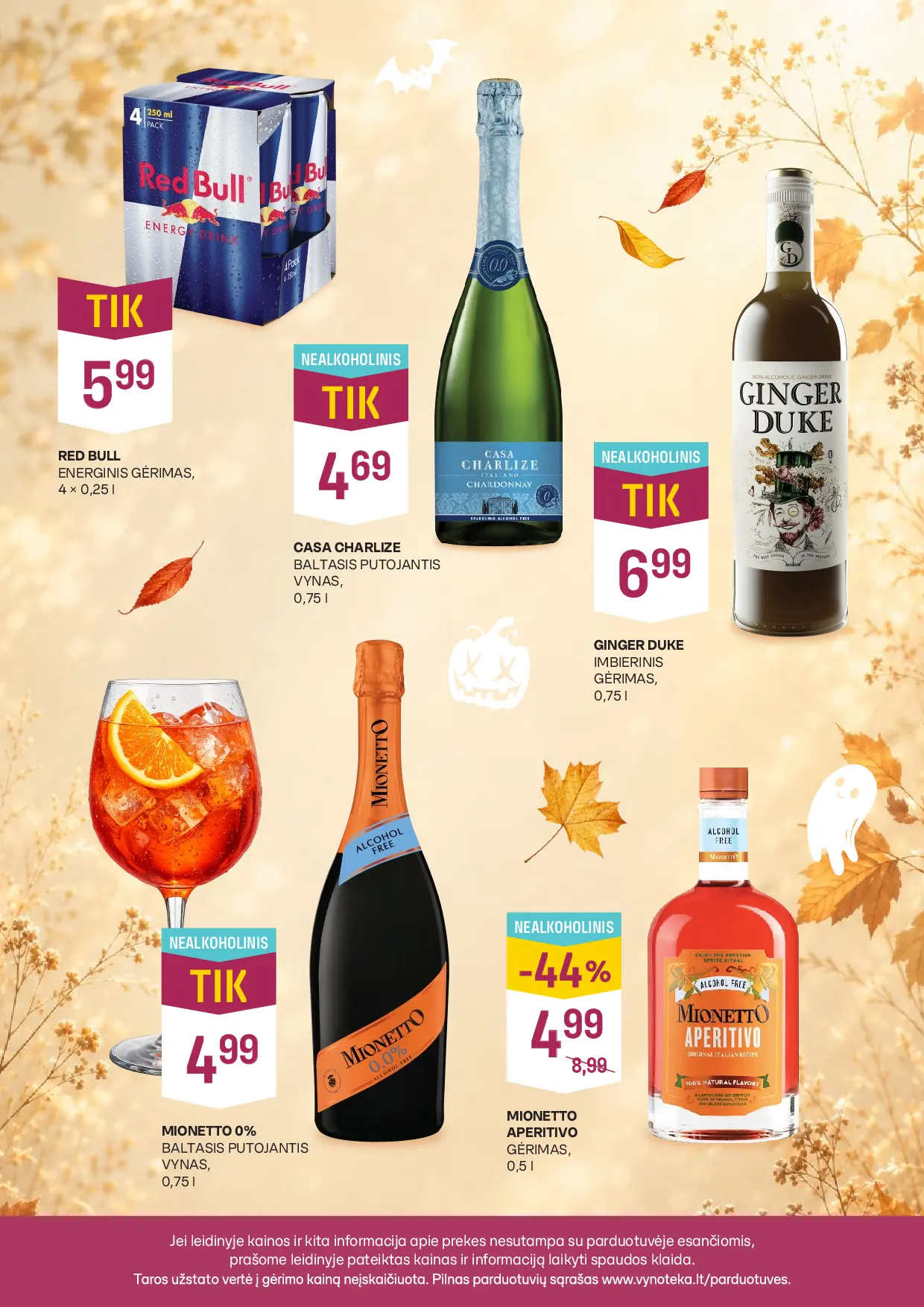 Vynoteka kainų leidinys Nr. 22 – 8 puslapis: RED BULL, 4 x 0.25 l, CASA CHARLIZE, 0.75 l, GINGER DUKE, 0.75 l