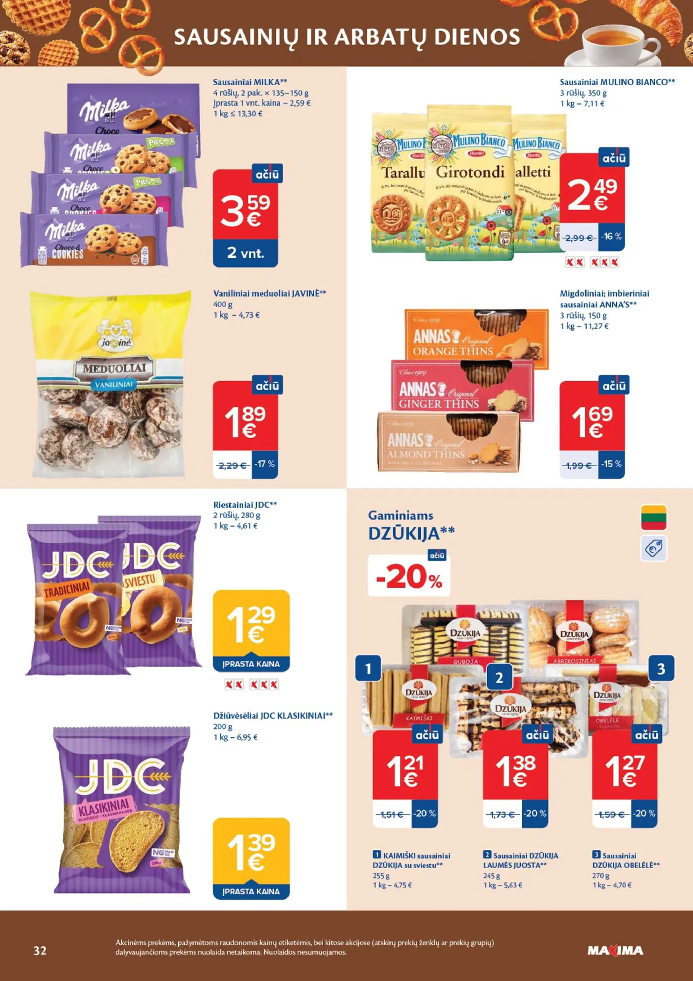 Naujas Maxima nuolaidų leidinys - AČIŪ savaitinis leidinys Nr. 44 – 32 puslapis: Sausainiai MILKA, 2 pak., MULINO BIANCO sausainiai, 350 g, Vaniliniai meduoliai JAVINĖ, 400 g