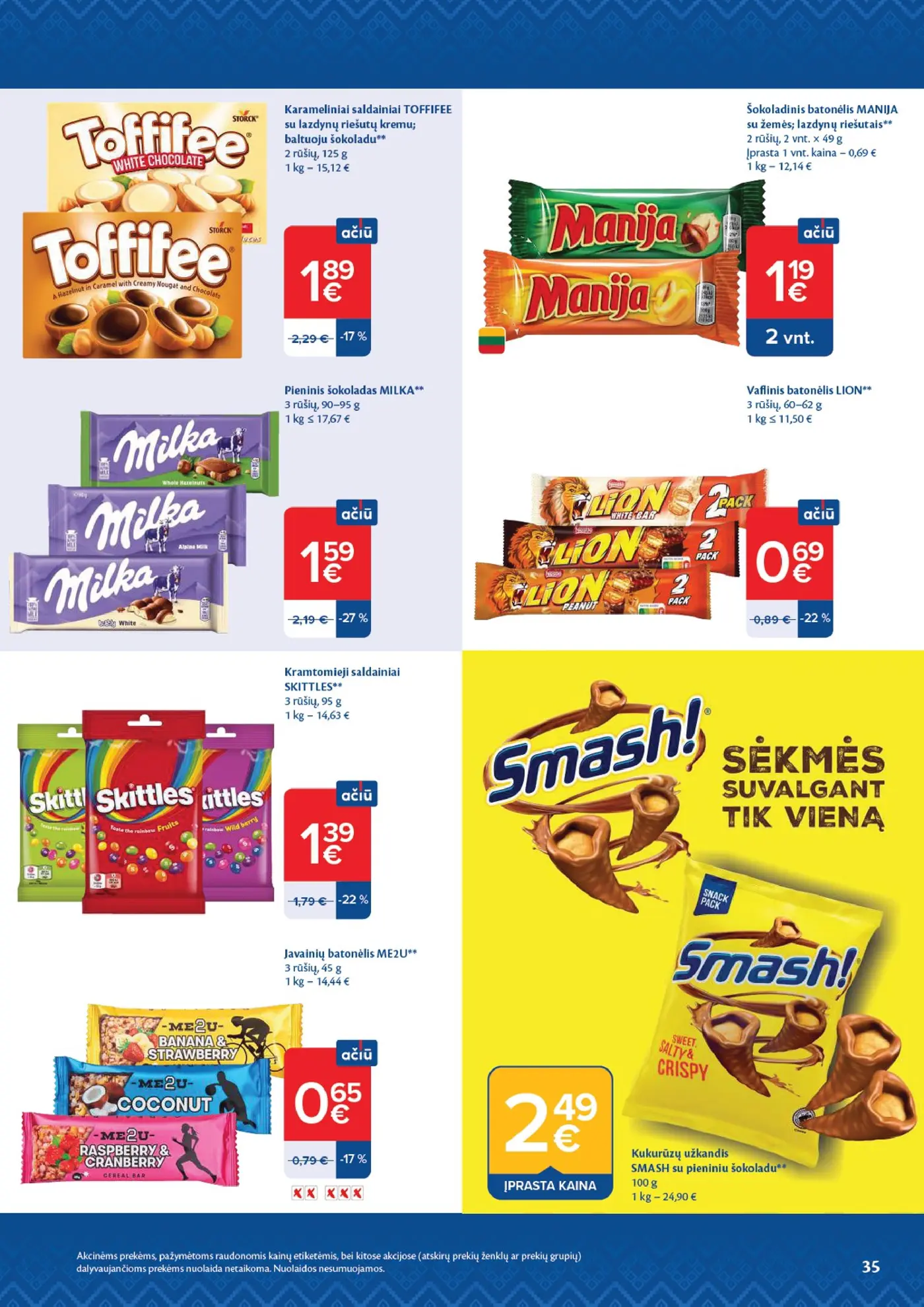 Naujas Maxima nuolaidų leidinys - AČIŪ savaitinis leidinys Nr. 44 – 35 puslapis: Karameliniai saldainiai TOFFIFEE, 125 g, Šokoladinis batonėlis MANIJA, 2 vnt, Pieninis šokoladas MILKA, 95 g