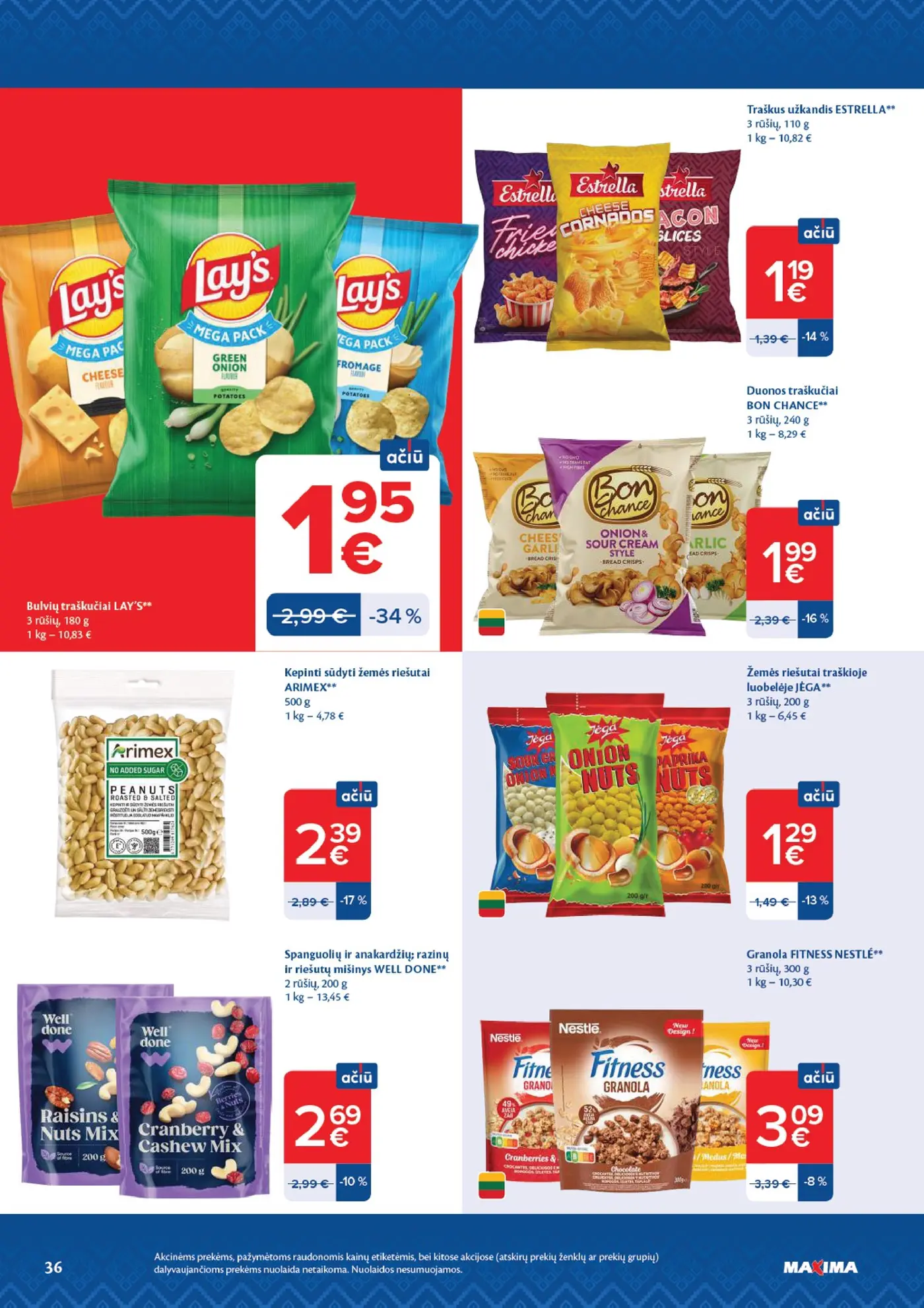 Naujas Maxima nuolaidų leidinys - AČIŪ savaitinis leidinys Nr. 44 – 36 puslapis: Bulvių traškučiai LAY'S, 180 g, Traškus užkandis ESTRELLA, 110 g, Duonos traškučiai BON CHANCE, 240 g