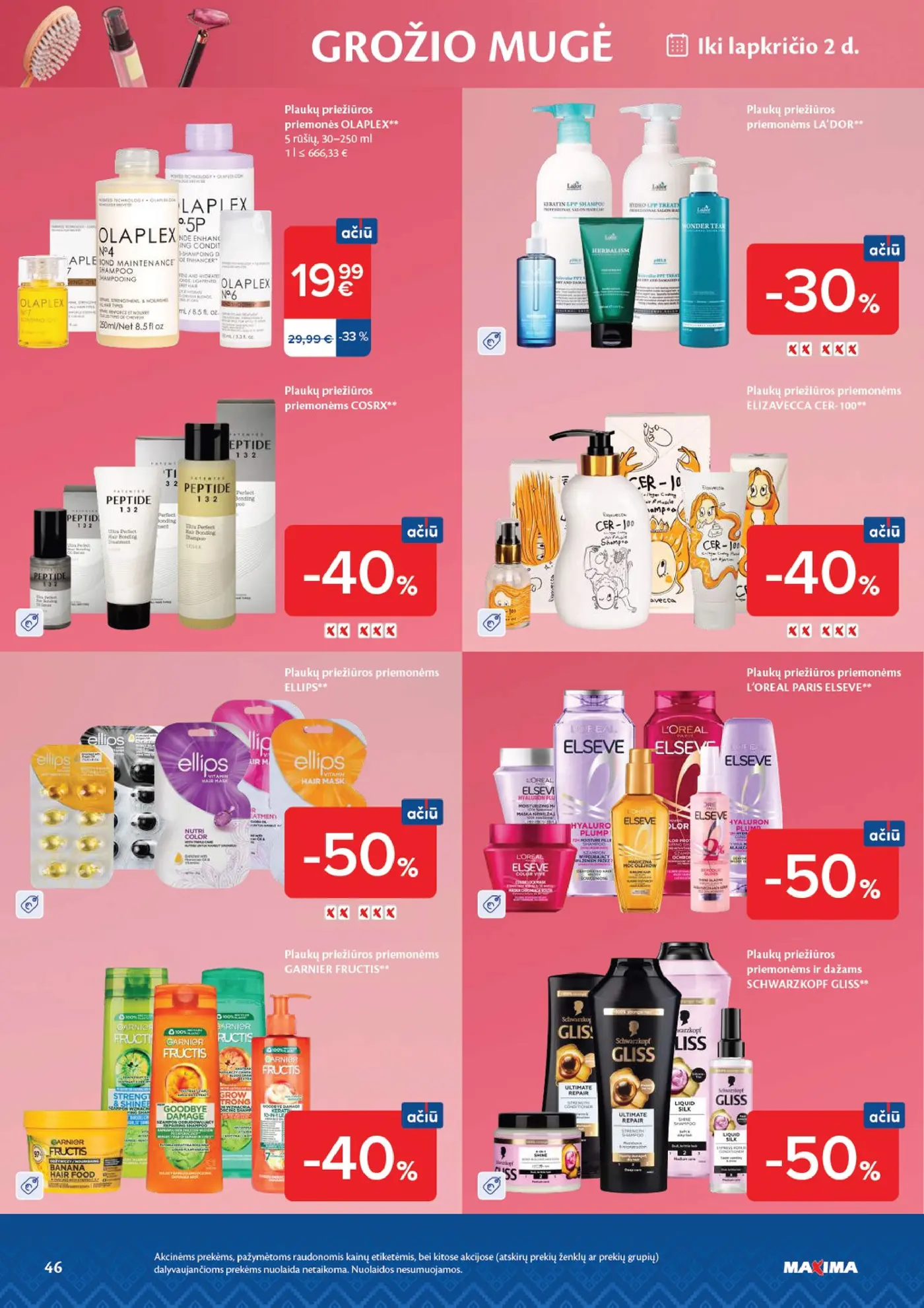 Naujas Maxima nuolaidų leidinys - AČIŪ savaitinis leidinys Nr. 44 – 46 puslapis: Plaukų priežiūros priemonės OLAPLEX, 250 ml, Plaukų priežiūros priemonėms LA'DOR, Plaukų priežiūros priemonėms COSRX