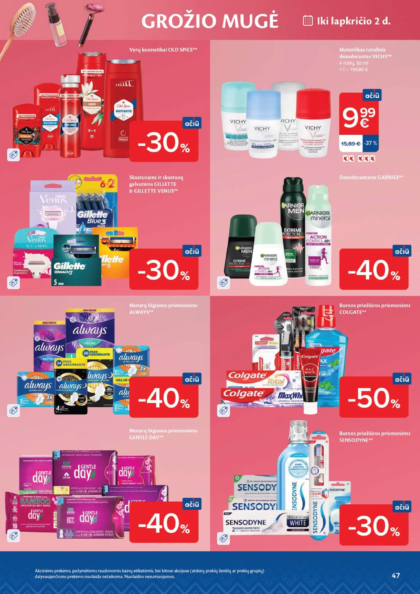 Naujas Maxima nuolaidų leidinys - AČIŪ savaitinis leidinys Nr. 44 – 47 puslapis: Vyrų kosmetikai OLD SPICE, Moteriškas rutulinis dezodorantas VICHY, 50 ml, Skustuvams ir skustuvų galvutėms GILLETTE ir GILLETTE VENUS