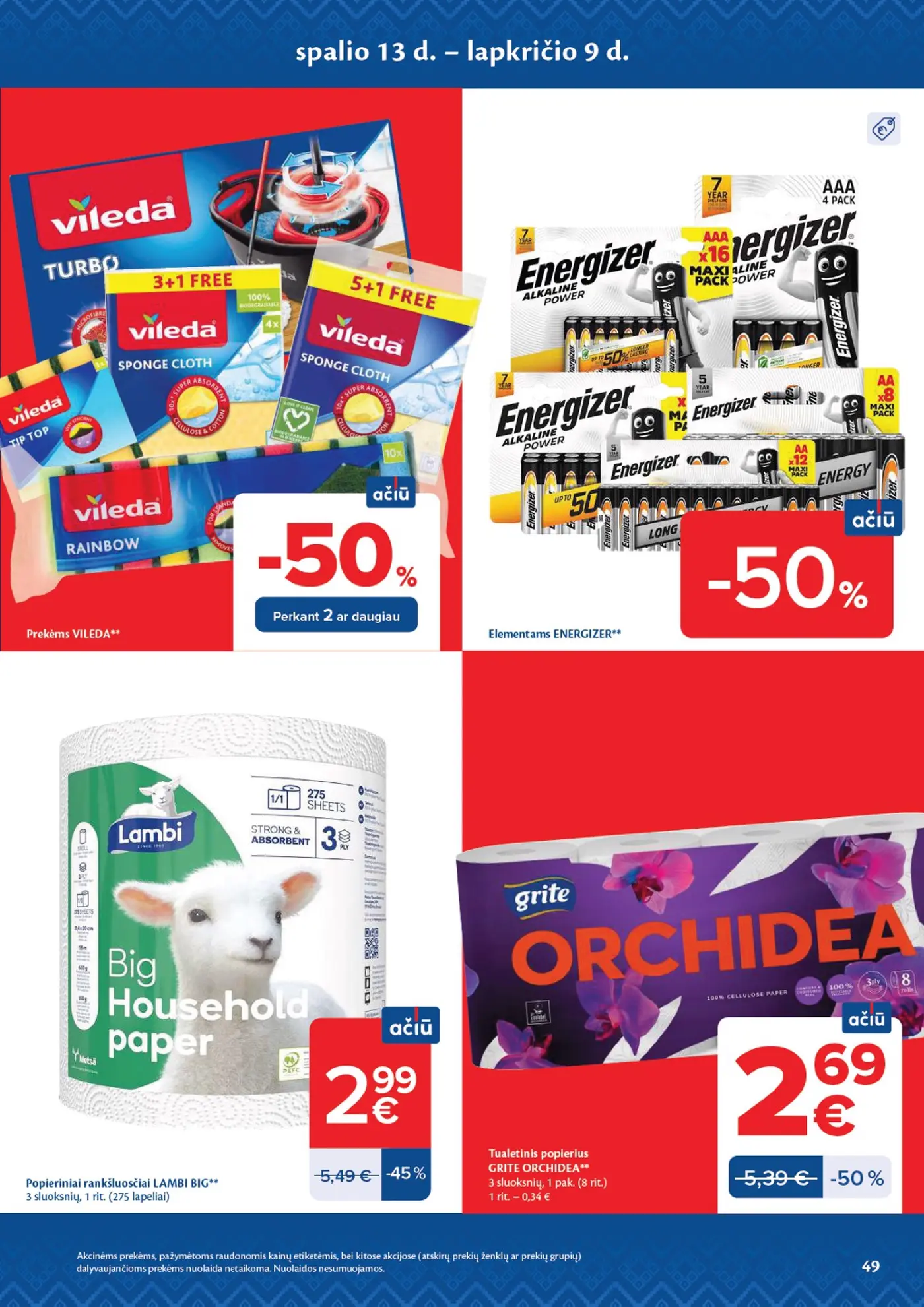 Naujas Maxima nuolaidų leidinys - AČIŪ savaitinis leidinys Nr. 44 – 49 puslapis: Prekėms VILEDA, Elementams ENERGIZER, Popieriniai rankšluosčiai LAMBI BIG, 1 rit.
