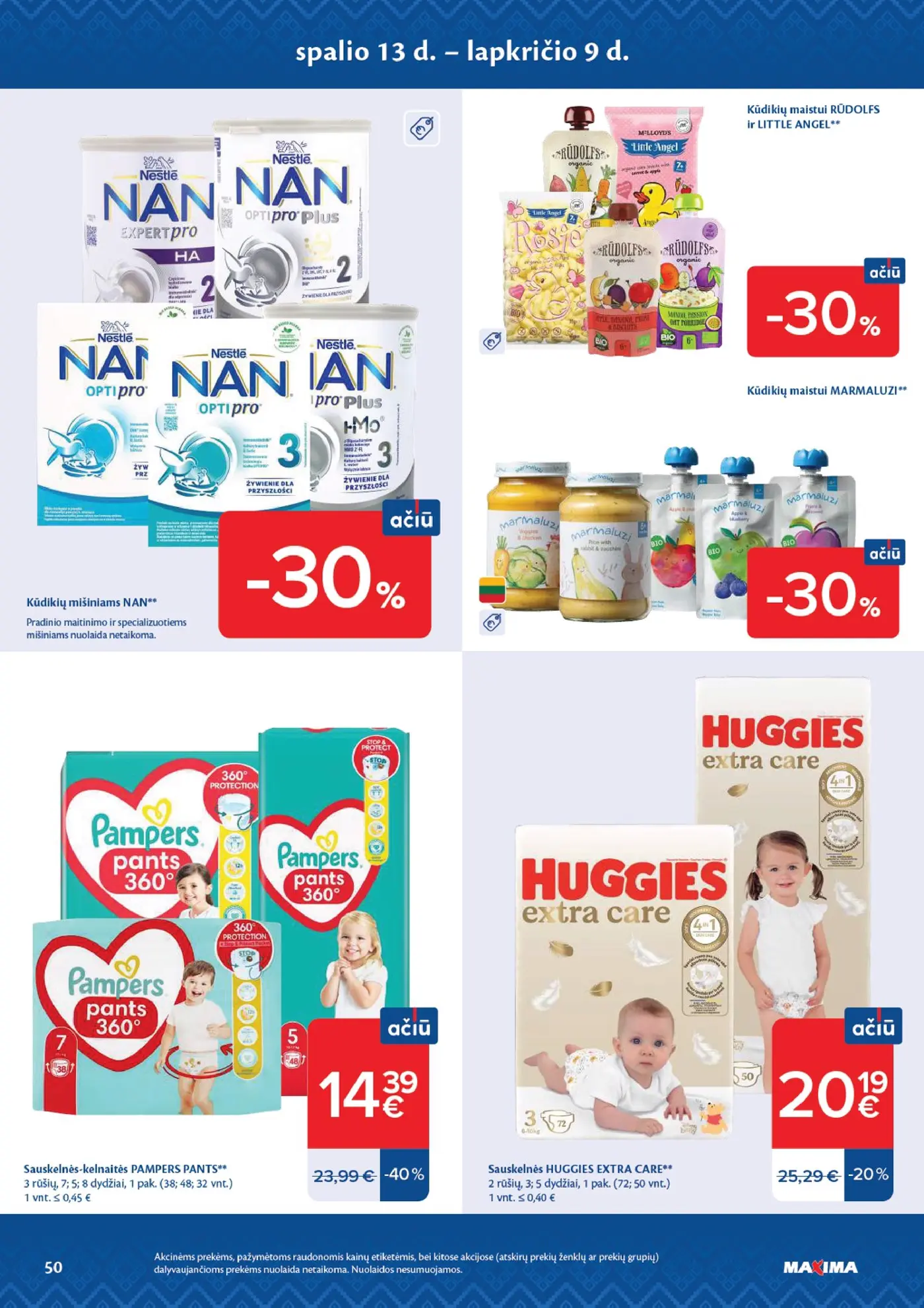 Naujas Maxima nuolaidų leidinys - AČIŪ savaitinis leidinys Nr. 44 – 50 puslapis: Kūdikių mišiniams NAN, Kūdikių maistui RŪDOLFS ir LITTLE ANGEL, Kūdikių maistui MARMALUZI