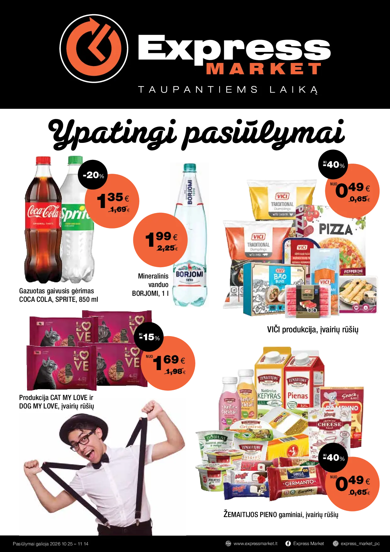 Naujas Express Market nuolaidų leidinys - Naujausias akcijų leidinys – 1 puslapis: Gazuotas gaivusis gėrimas COCA COLA, SPRITE, 850 ml, Mineralinis vanduo BORJOMI, 1 l, VIČI produkcija