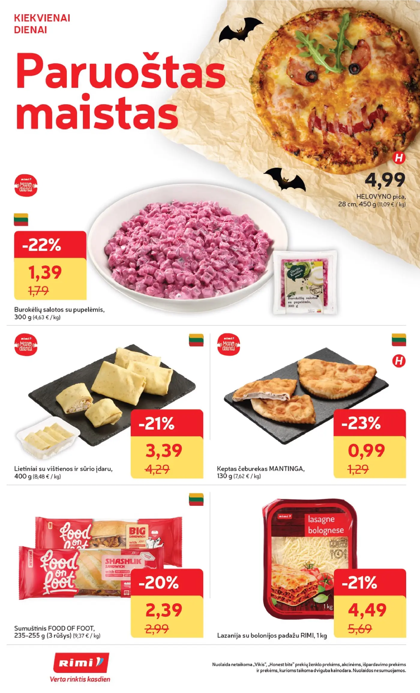 Rimi leidinys Nr. 44 – 16 puslapis: Lazanija su bolonijos padažu RIMI, 1 kg, Lietiniai su vištienos ir sūrio įdaru, 400 g, Burokėlių salotos su pupelėmis, 300 g