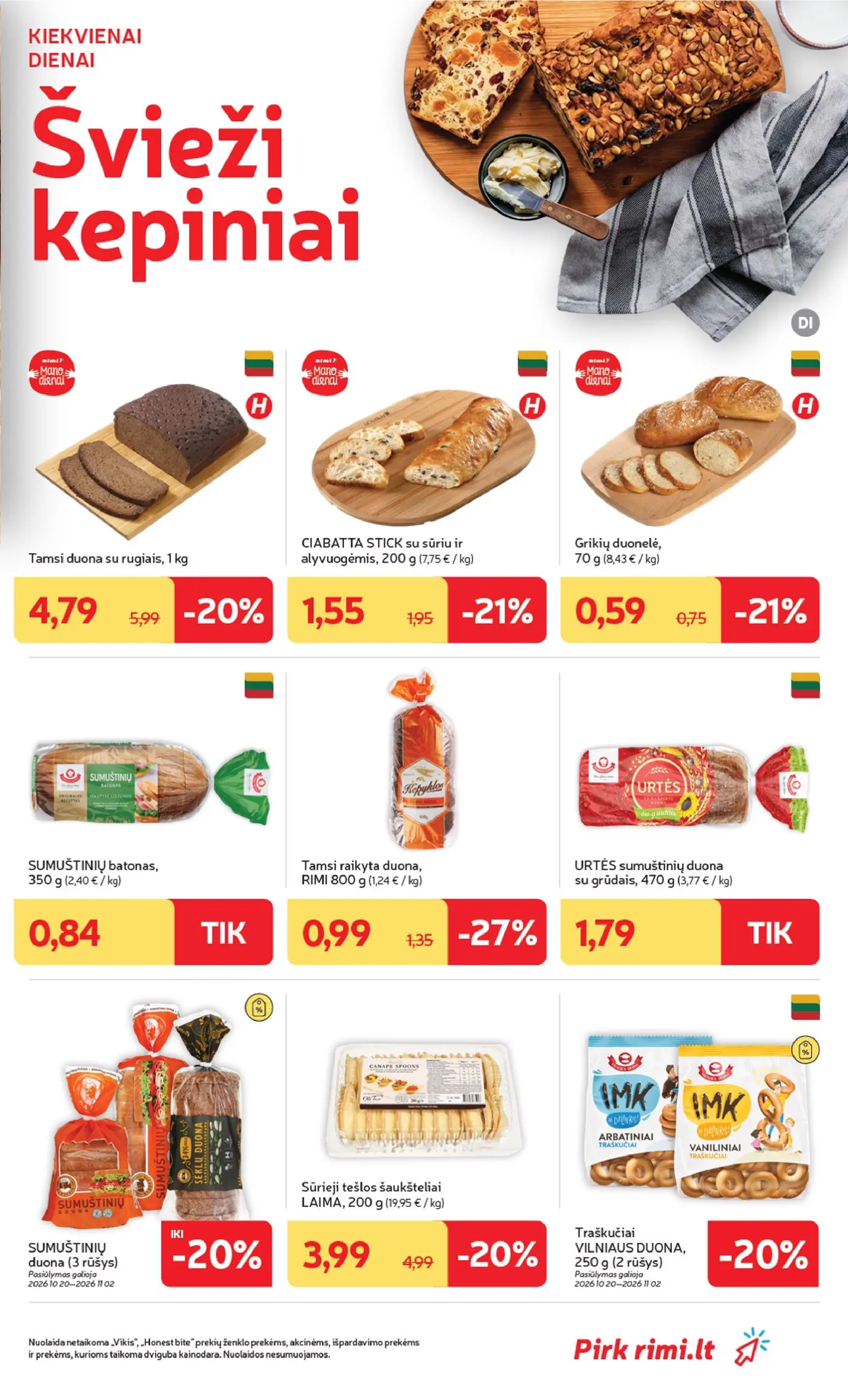 Rimi leidinys Nr. 44 – 17 puslapis: SUMUŠTINIŲ batonas, 350 g, Grikių duonelė, 70 g, URTĖS sumuštinių duona su grūdais, 470 g