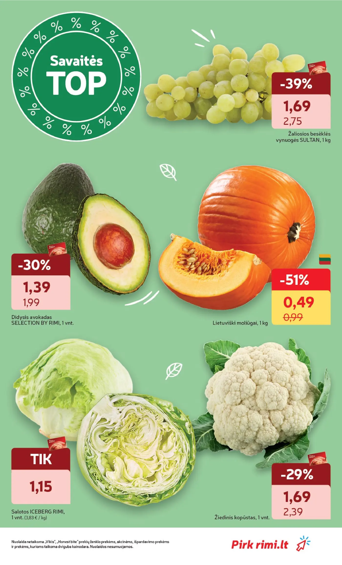 Rimi leidinys Nr. 44 – 19 puslapis: Žiedinis kopūstas, 1 vnt, Salotos ICEBERG RIMI, 1 vnt, Didysis avokadas SELECTION BY RIMI, 1 vnt