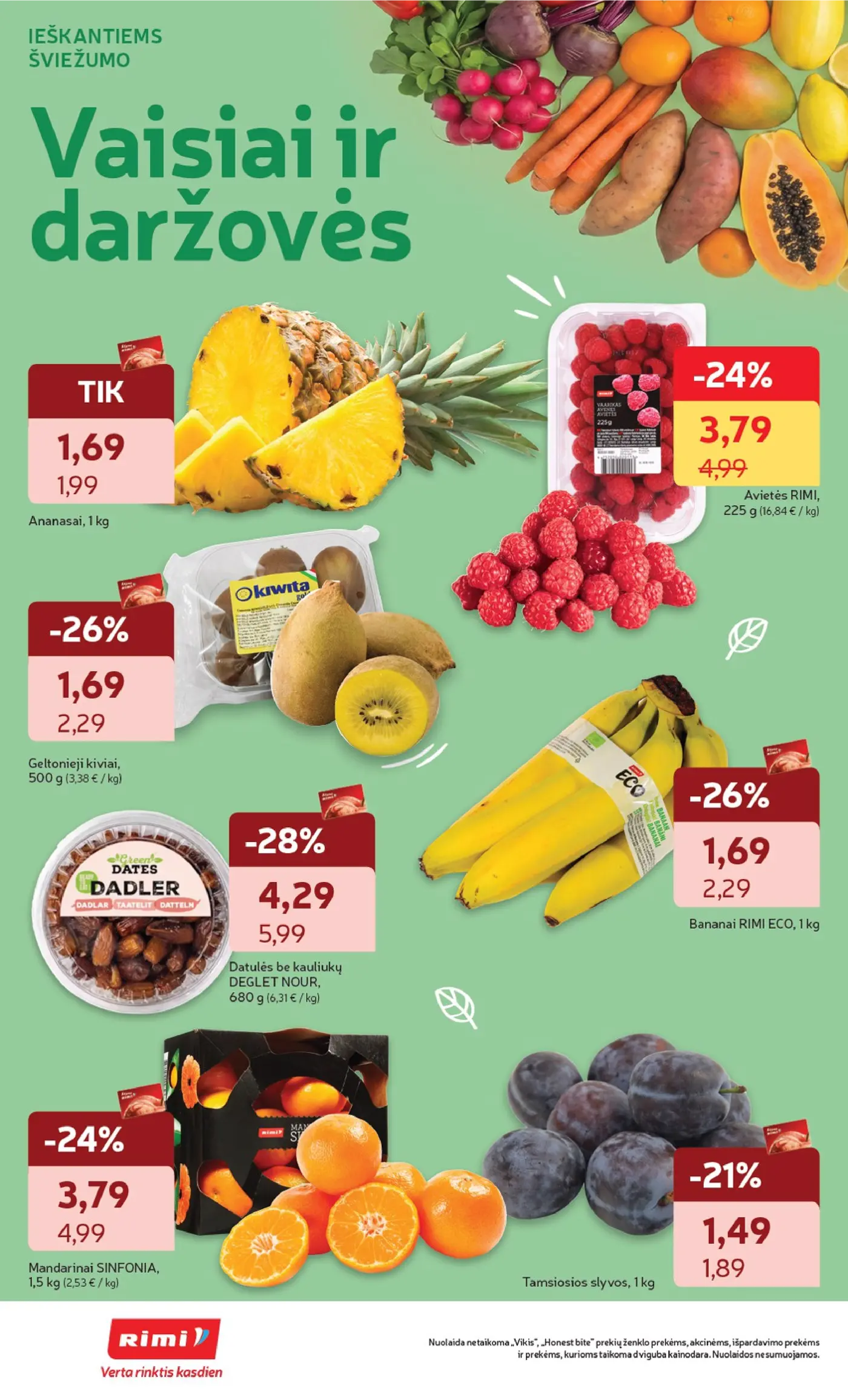 Rimi leidinys Nr. 44 – 20 puslapis: Bananai Cavendish 18+ Rimi Eco, 1 kg, Geltonieji kiviai, 500 g, Avietės RIMI, 225 g