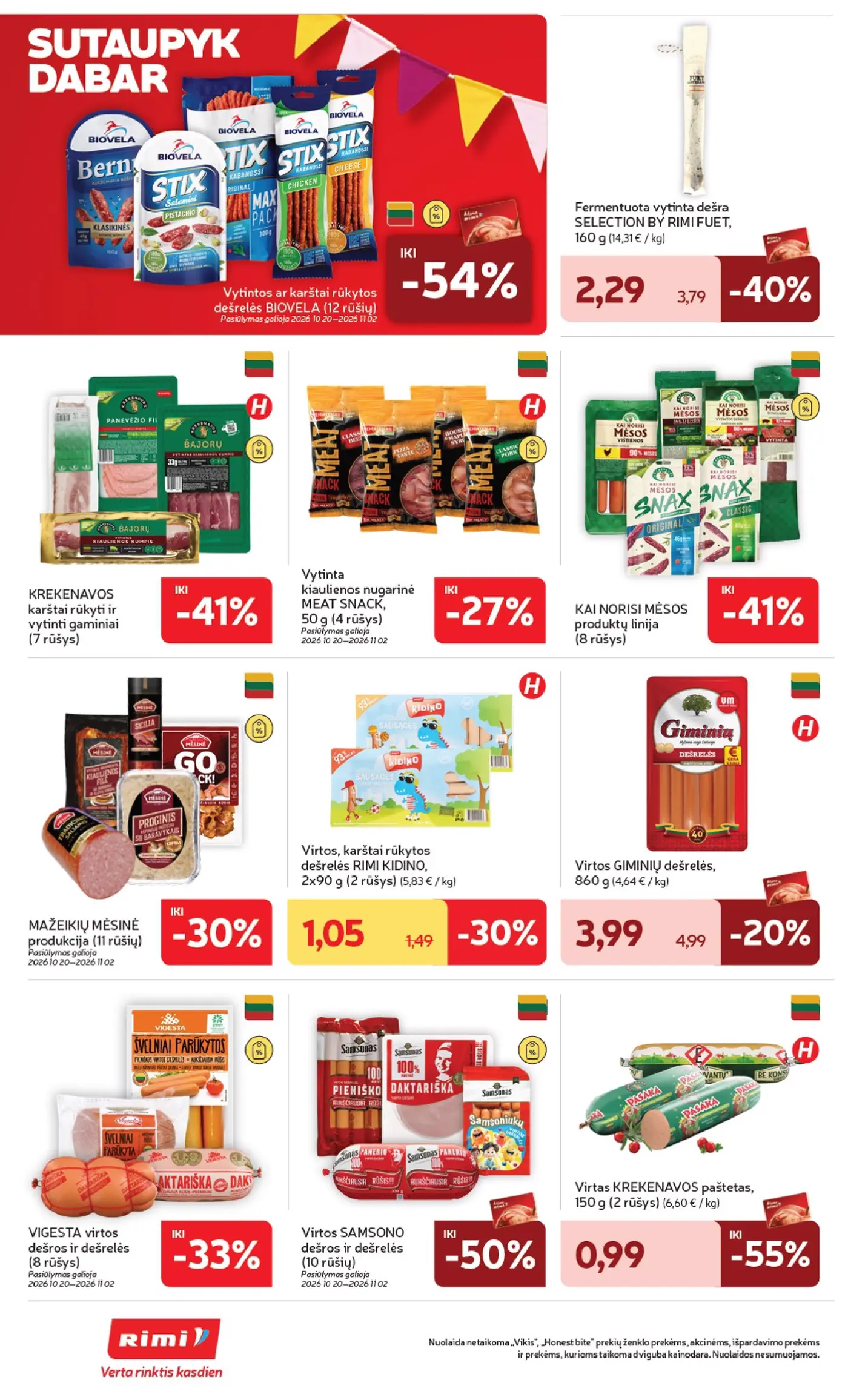 Rimi leidinys Nr. 44 – 22 puslapis: Virtos GIMINIŲ dešrelės, 860 g, Vytintos ar karštai rūkytos dešrelės BIOVELA, KREKENAVOS karštai rūkyti ir vytinti gaminiai