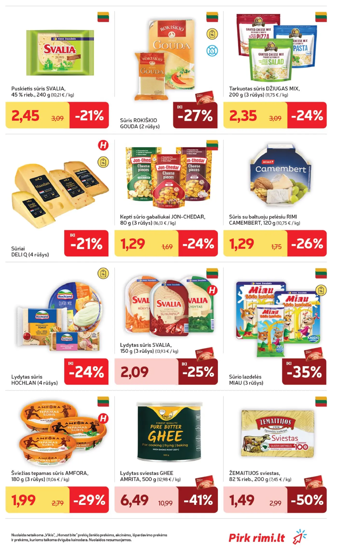 Rimi leidinys Nr. 44 – 23 puslapis: Puskietis sūris SVALIA, 45 % rieb., 240 g, Lydytas sviestas GHEE AMRITA, 500 g, Sūris ROKIŠKIO GOUDA