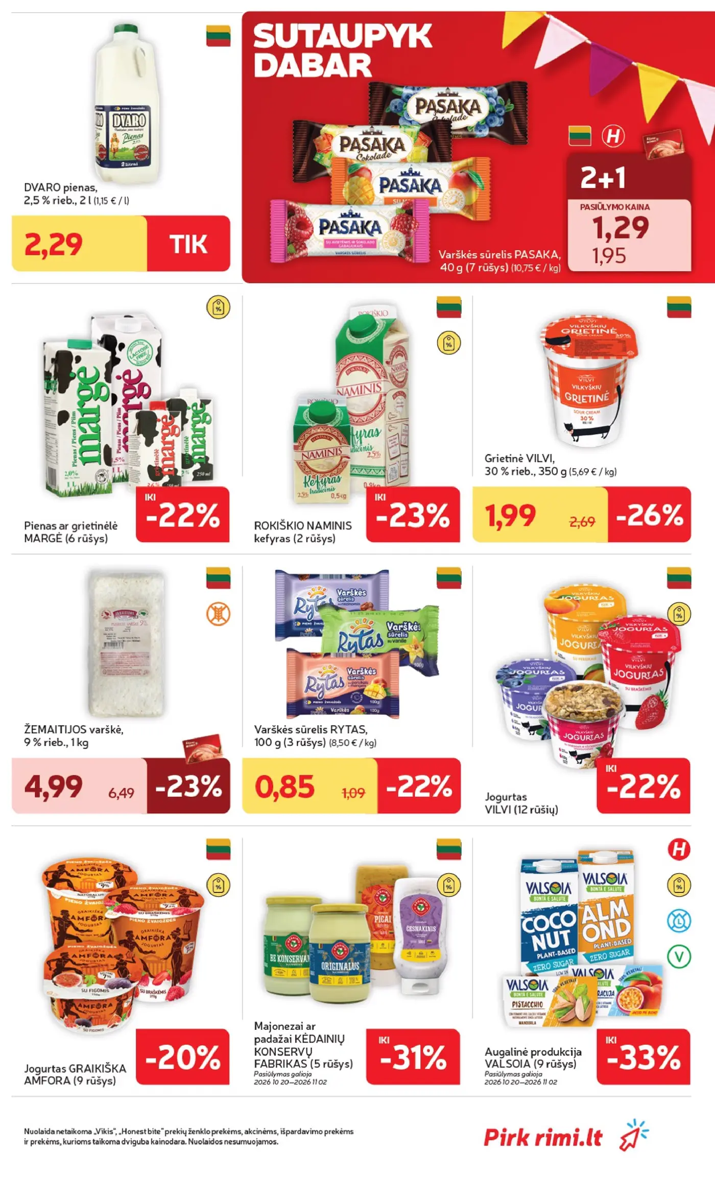 Rimi leidinys Nr. 44 – 25 puslapis: ŽEMAITIJOS varškė, 9 % rieb., 1 kg, Varškės sūrelis PASAKA, 40 g, Pienas ar grietinėlė MARGĖ