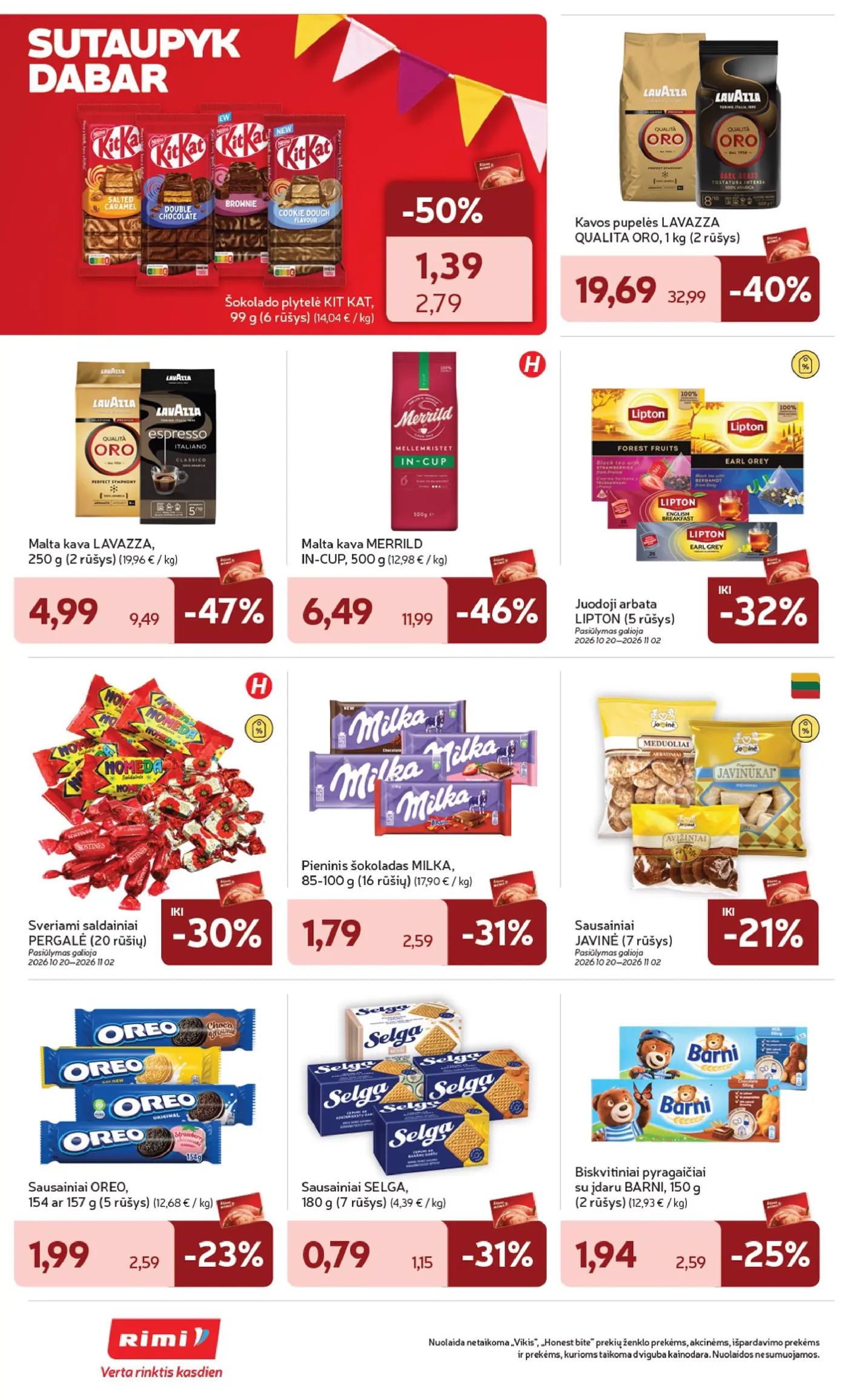 Rimi leidinys Nr. 44 – 26 puslapis: Sausainiai SELGA, 180 g, Malta kava MERRILD IN-CUP, 500 g, Kavos pupelės LAVAZZA QUALITA ORO, 1 kg