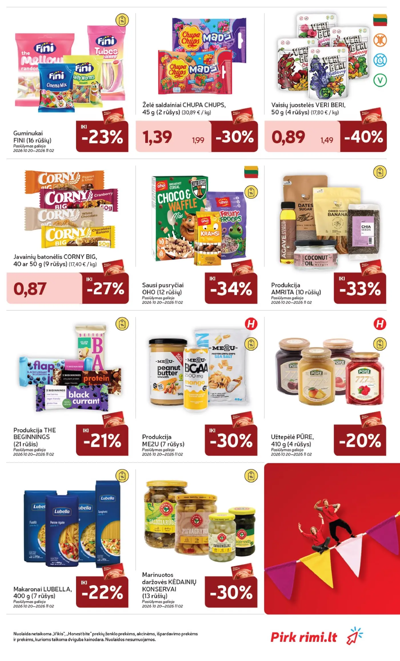 Rimi leidinys Nr. 44 – 27 puslapis: Javainių batonėlis CORNY BIG, 50 g, Guminukai FINI, Želė saldainiai CHUPA CHUPS, 45 g