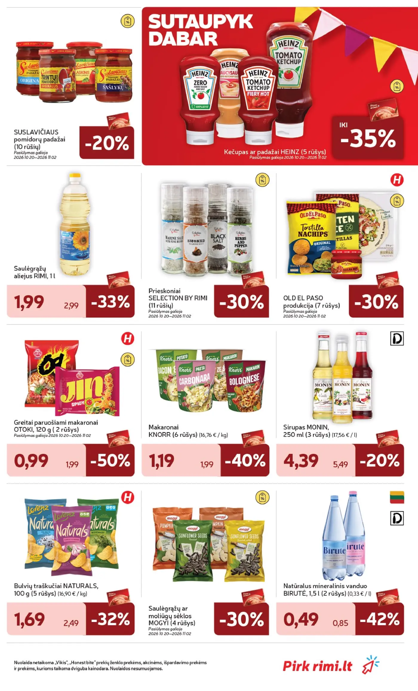 Rimi leidinys Nr. 44 – 29 puslapis: Saulėgrąžų aliejus RIMI, 1 l, SUSLAVIČIAUS pomidorų padažai, Kečupas ar padažai HEINZ